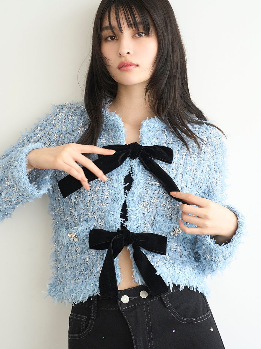 LILY BROWN「[L.B CANDY STOCK]ラメリボンニットジャケット」|ノーカラージャケット|