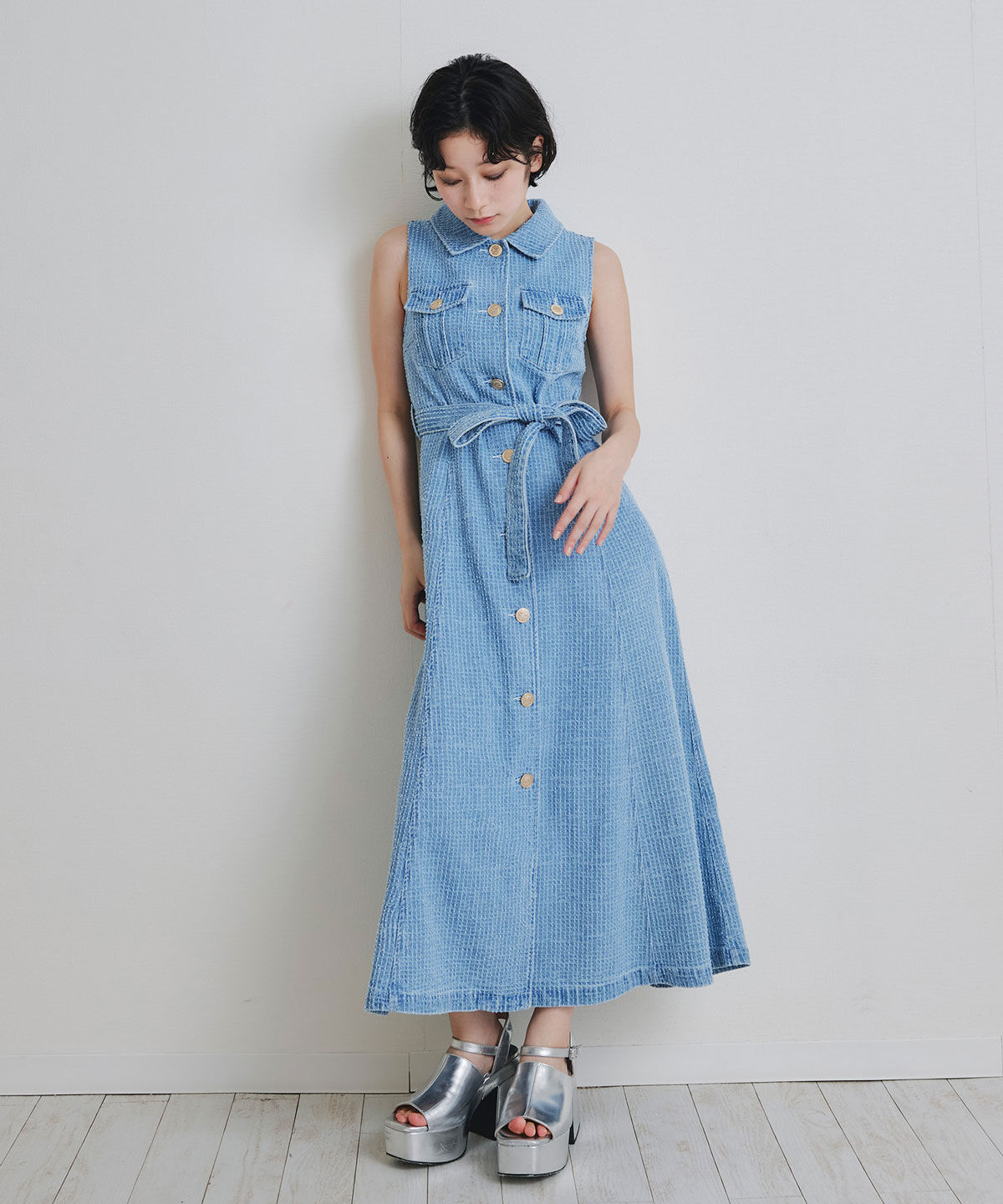 REDYAZEL「レーザーカットデニムロングシャツワンピース」|ワンピース|