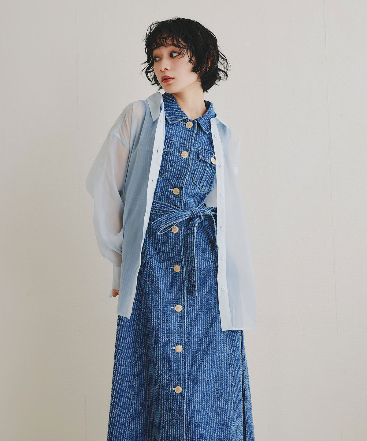 REDYAZEL「レーザーカットデニムロングシャツワンピース」|ワンピース|