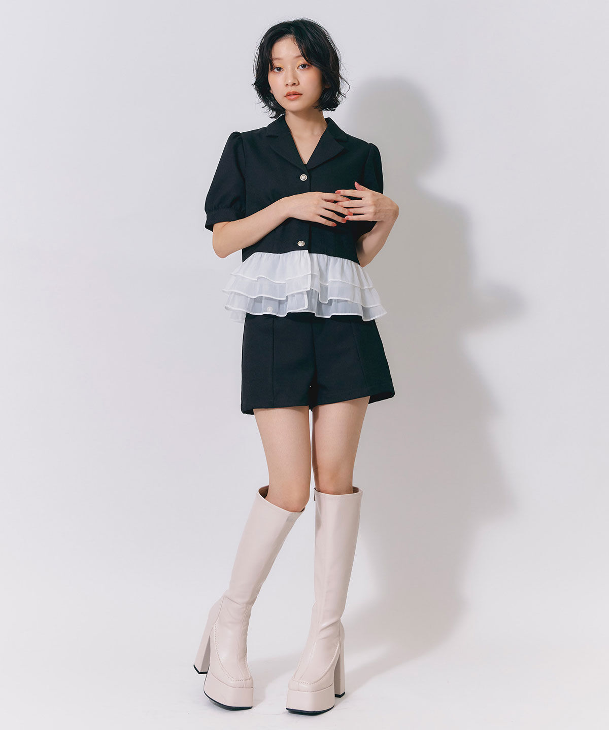 REDYAZEL「クラシックマルチボタンハイウエストショートパンツ」|キュロット|