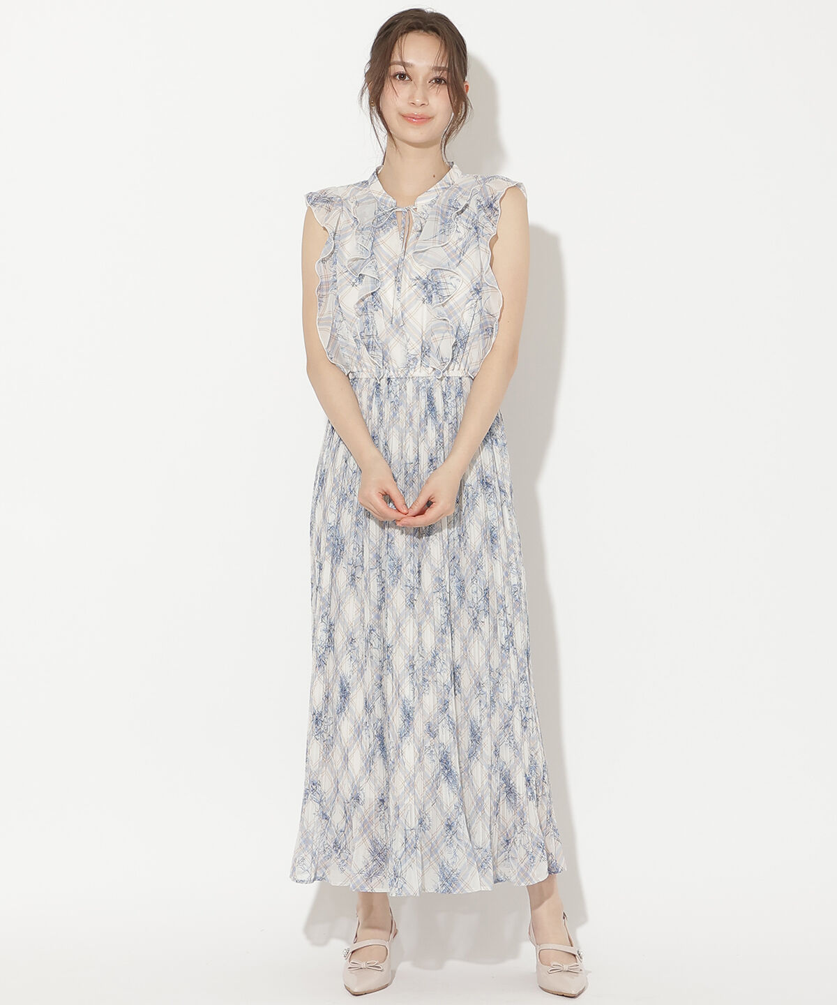 WILLSELECTION「フラワーチェックプリントプリーツ切替ワンピース」|ワンピース|
