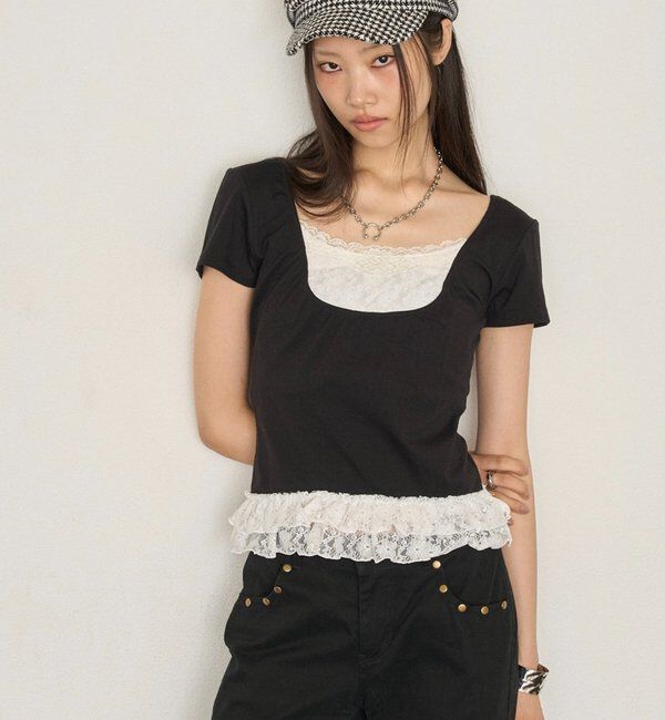  「レースレイヤードトップス」|Tシャツ・カットソー|ブラック