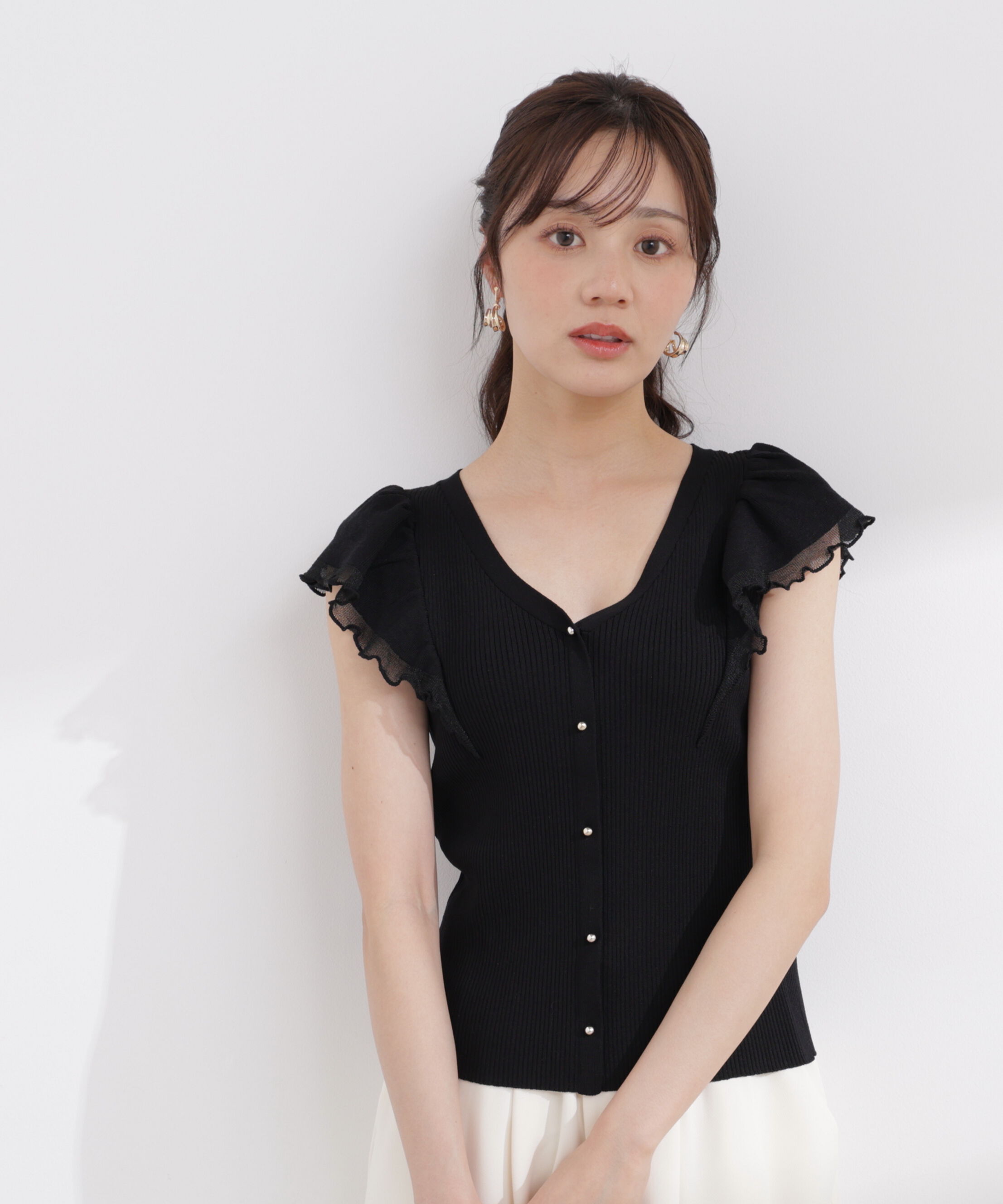 PROPORTION BODY DRESSING「部分シアーラッフルニット 26SS」|ニット・セーター|ブラック