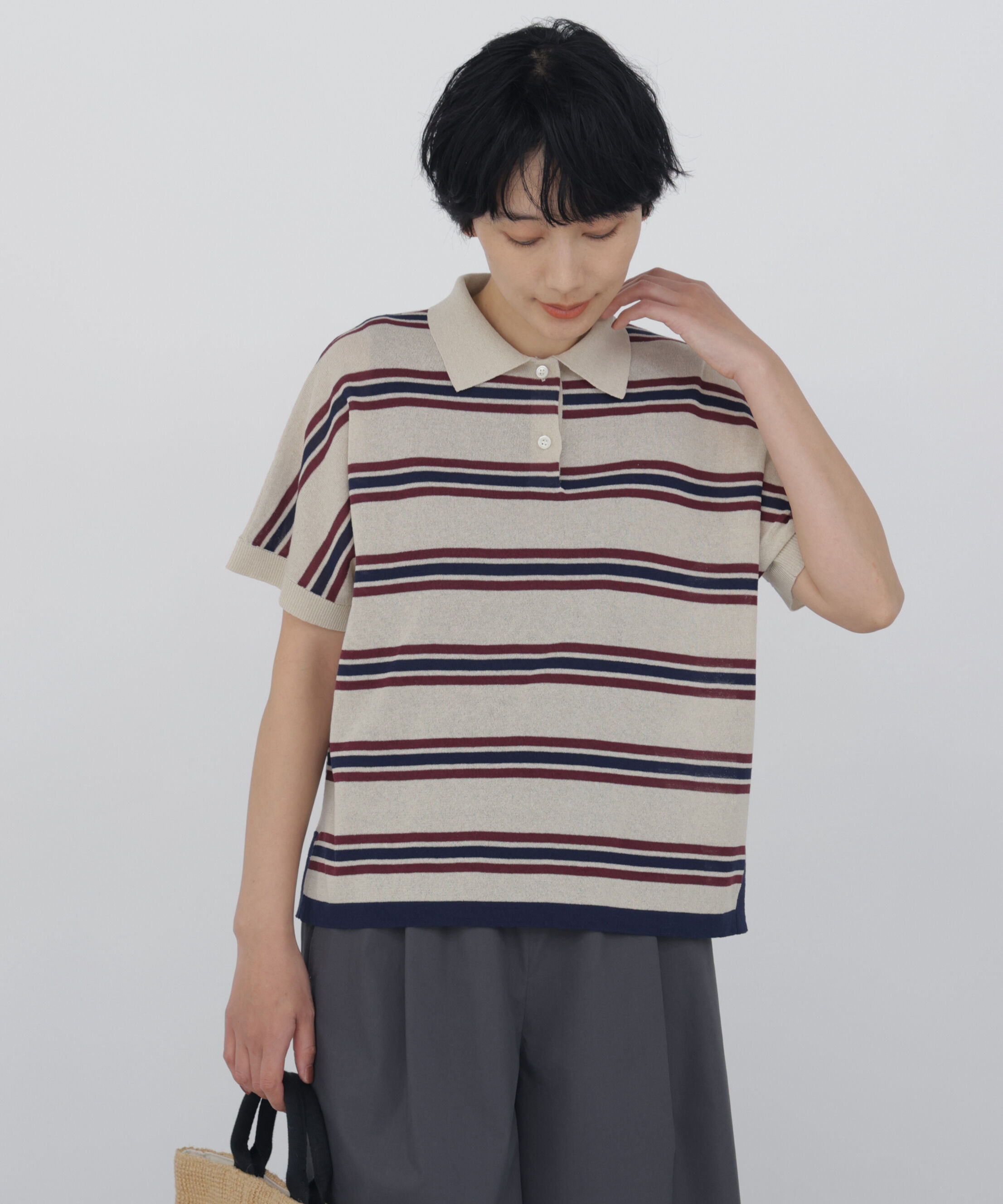  「◆《洗える / Good Price》 シアーボーダーポロニットＴ」|ニット・セーター|ベージュ系ボ 3