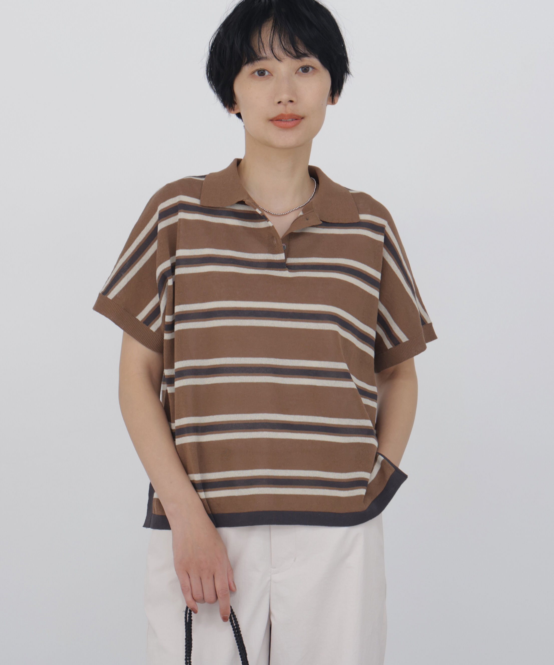  「◆《洗える / Good Price》 シアーボーダーポロニットＴ」|ニット・セーター|ブラウン系ボ 3