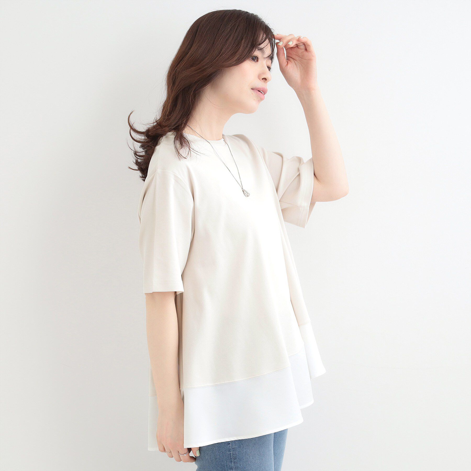 SHOO･LA･RUE「【ひんやり/UV/抗菌防臭】体型カバーも叶う 裾切り替えAライントップス」|Tシャツ・カットソー|