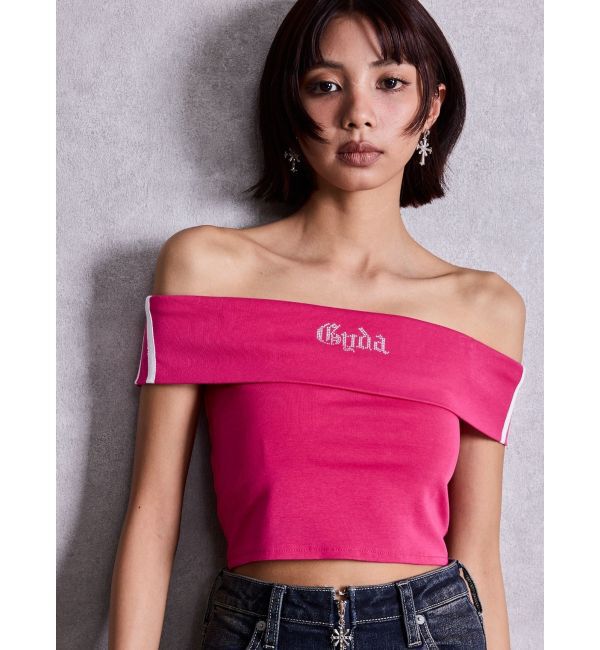GYDA「Gyda bijouサイドラインオフショルショートTOPS」|Tシャツ・カットソー|ピンク