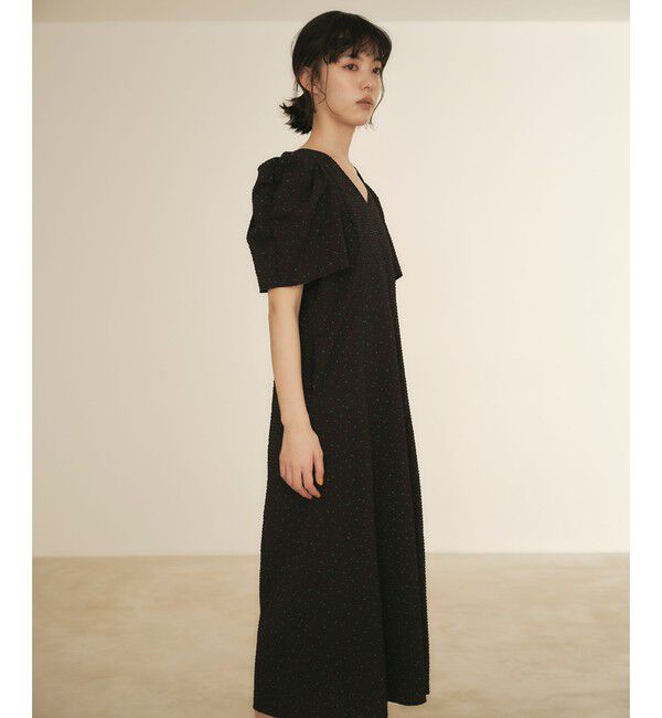 EMMEL REFINES「＜EMMEL REFINES＞EM ドットプリント タックギャザースリーブ ワンピース」|ワンピース|BLACK