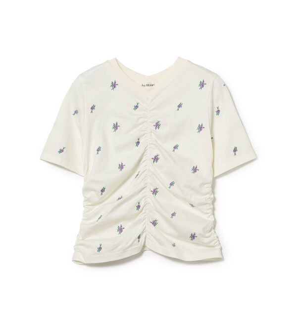Ray BEAMS 「フラワー 刺繍 シャーリング Tシャツ / 26SS 花柄 洗える コンパクトTシャツ」|Tシャツ・カットソー|