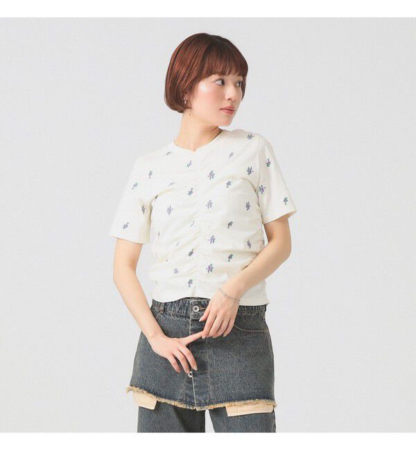 Ray BEAMS 「フラワー 刺繍 シャーリング Tシャツ / 26SS 花柄 洗える コンパクトTシャツ」|Tシャツ・カットソー|