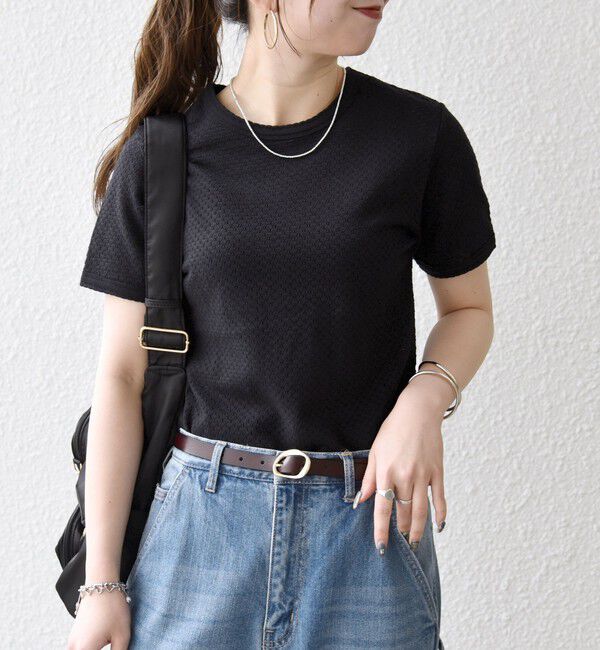 SHIPS any「SHIPS any:〈洗濯機可能〉透かし レース 半袖 クルーネック Tシャツ」|Tシャツ・カットソー|ブラック