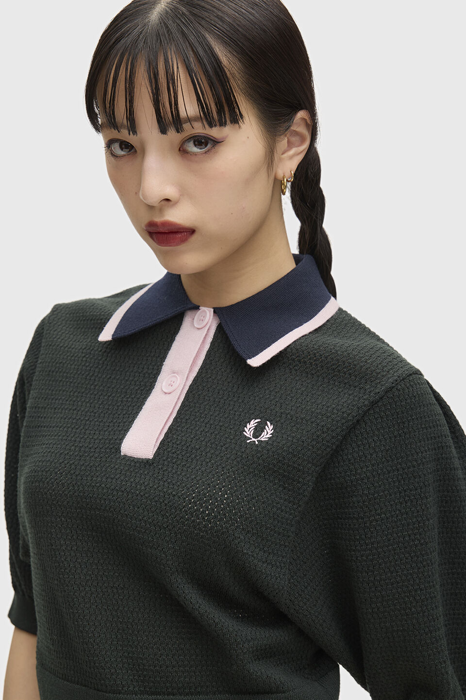 FRED PERRY 「FRED PERRY／Colour Block Pointelle Knitted Shirt／カラーブロックポインテルニットポロシャツ」|ポロシャツ|NIGHT GREEN