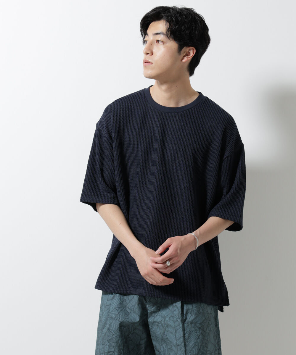 NANO universe「ジャガードニットソーTシャツ 半袖(セットアップ可)」|Tシャツ・カットソー|ネイビー