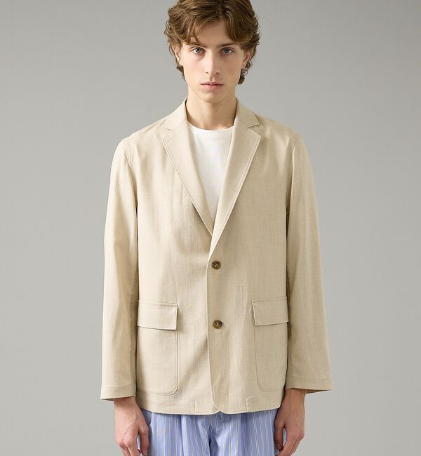 ABAHOUSE「カレンダー加工 リネンライク サマージャケット/ 軽量 ストレッチ」|ノーカラージャケット|