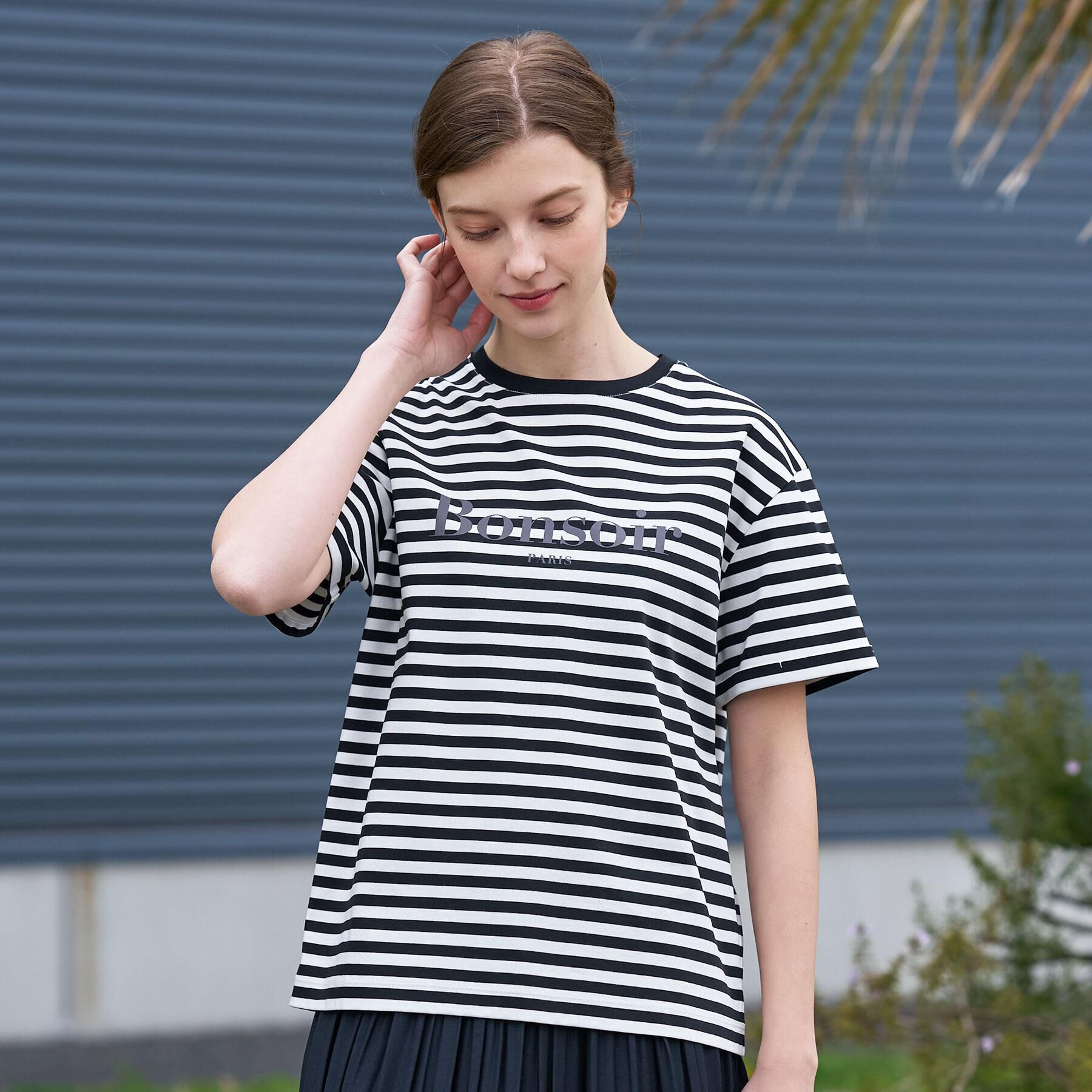 DRESSTERIOR「【接触冷感／抗菌防臭／消臭】アイスクリアコットンBonsoirロゴボーダーTシャツ」|Tシャツ・カットソー|