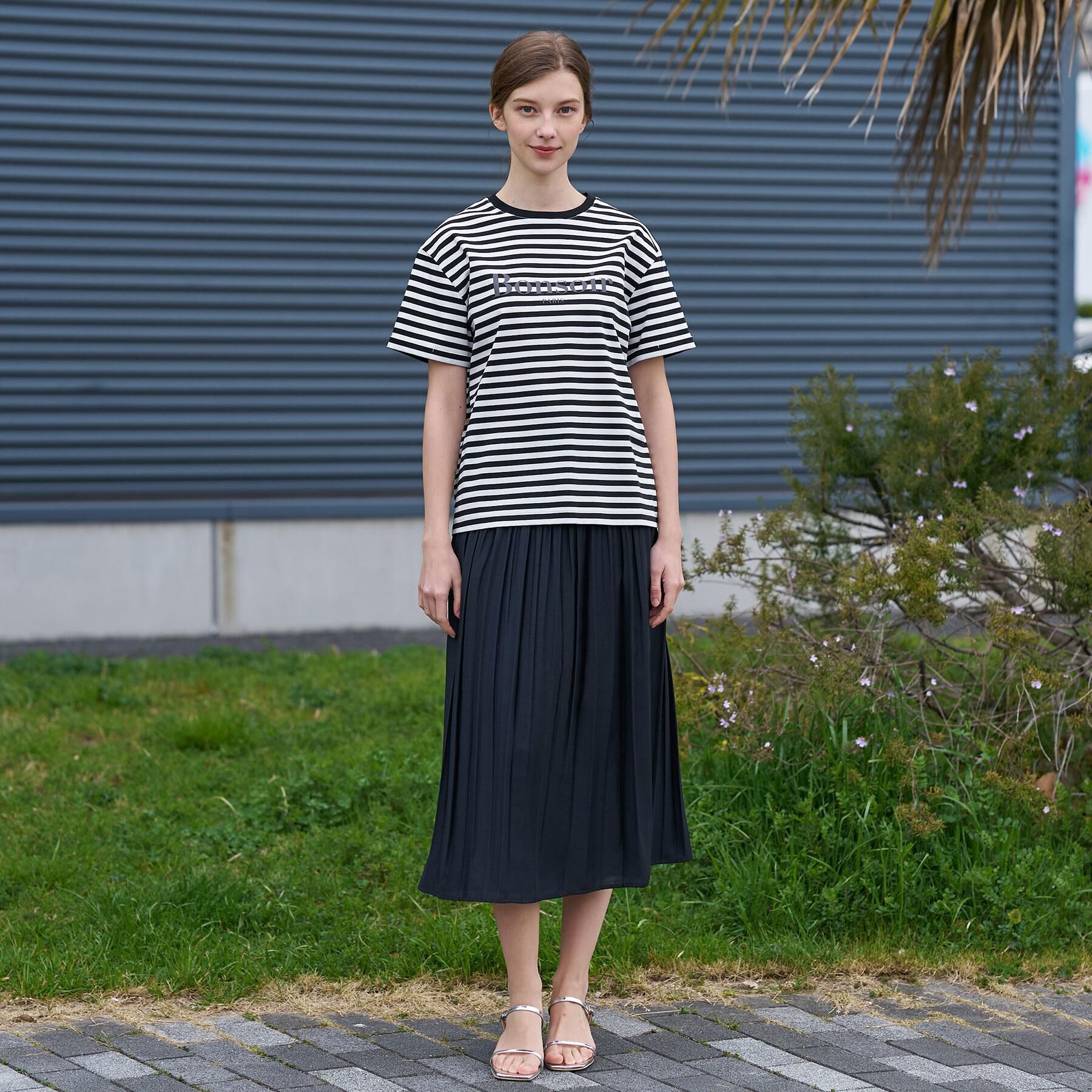 DRESSTERIOR「【接触冷感／抗菌防臭／消臭】アイスクリアコットンBonsoirロゴボーダーTシャツ」|Tシャツ・カットソー|