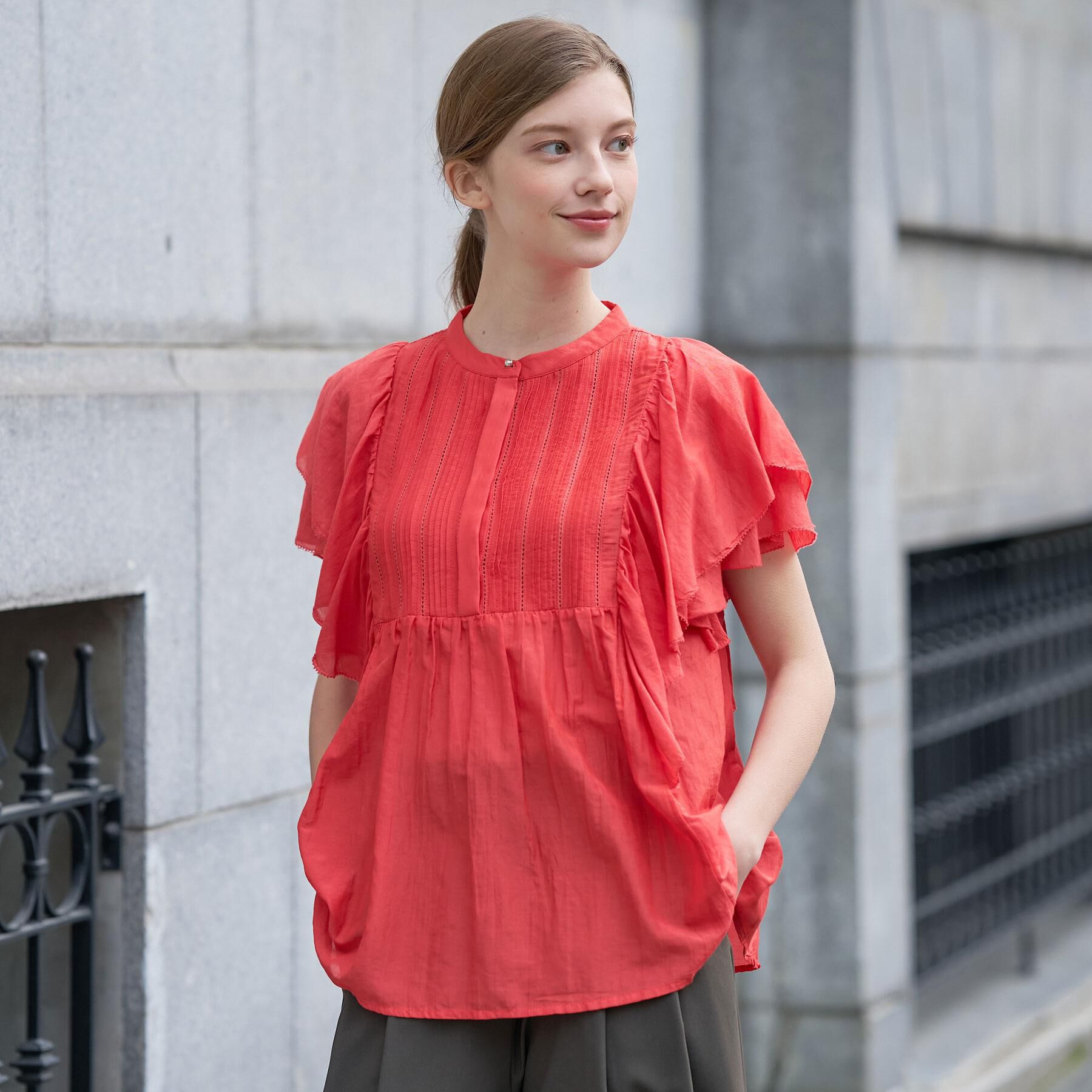 DRESSTERIOR「コットンシルク ラッフルスリーブ ブラウス」|シャツ・ブラウス|