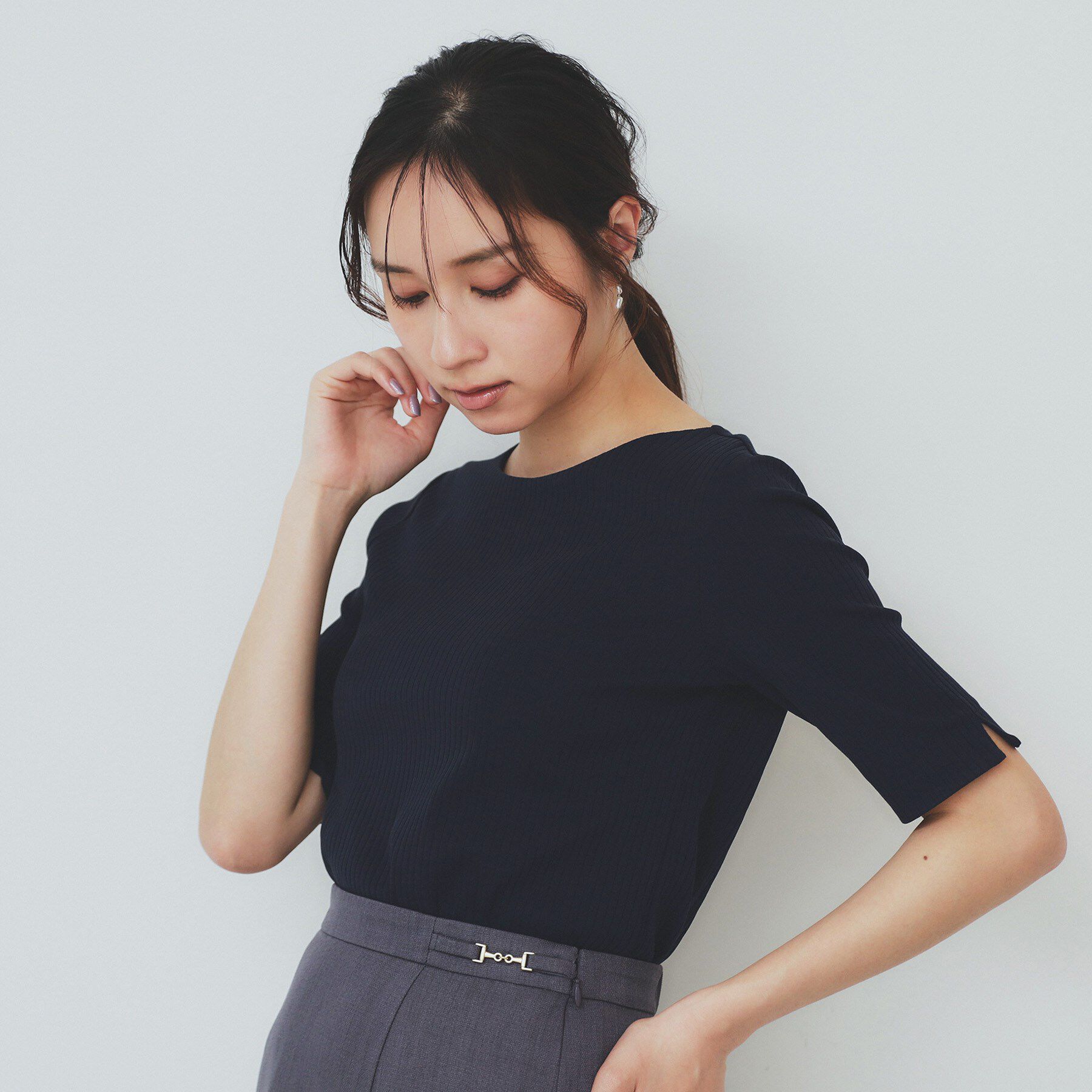 index「《7色展開／XS-LLサイズ》ボートネックリブトップス【UV／洗濯機洗い可】」|Tシャツ・カットソー|ネイビー(094)