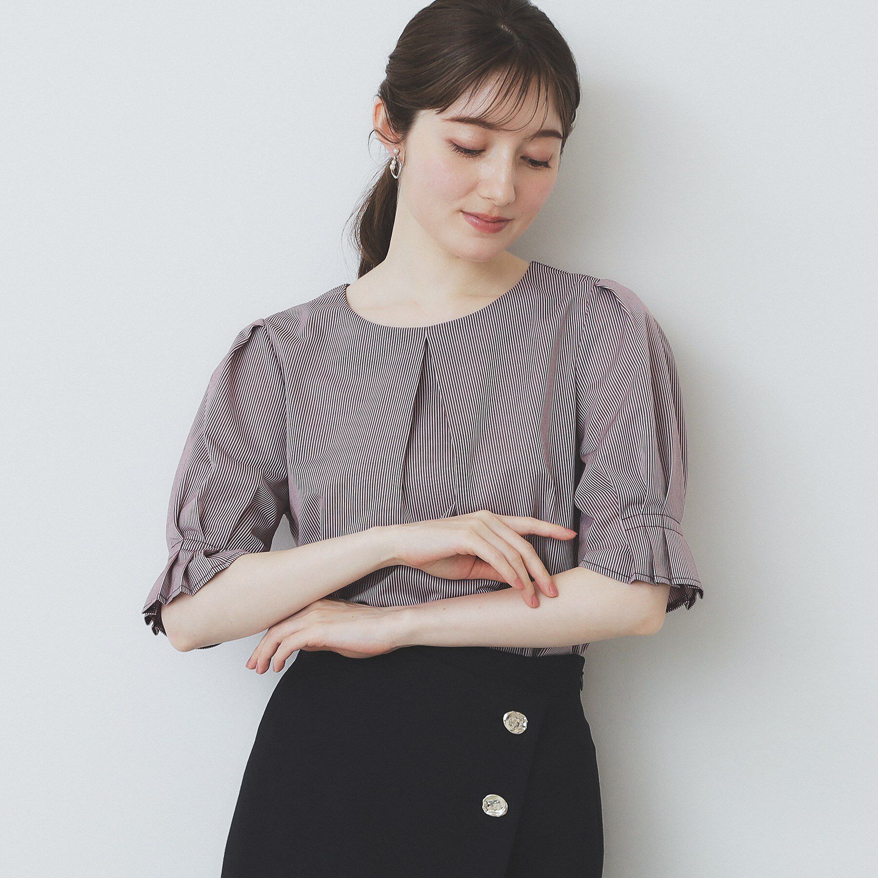 index「ストライプジャージタックスリーブトップス【吸水速乾／洗濯機洗い可】」|Tシャツ・カットソー|