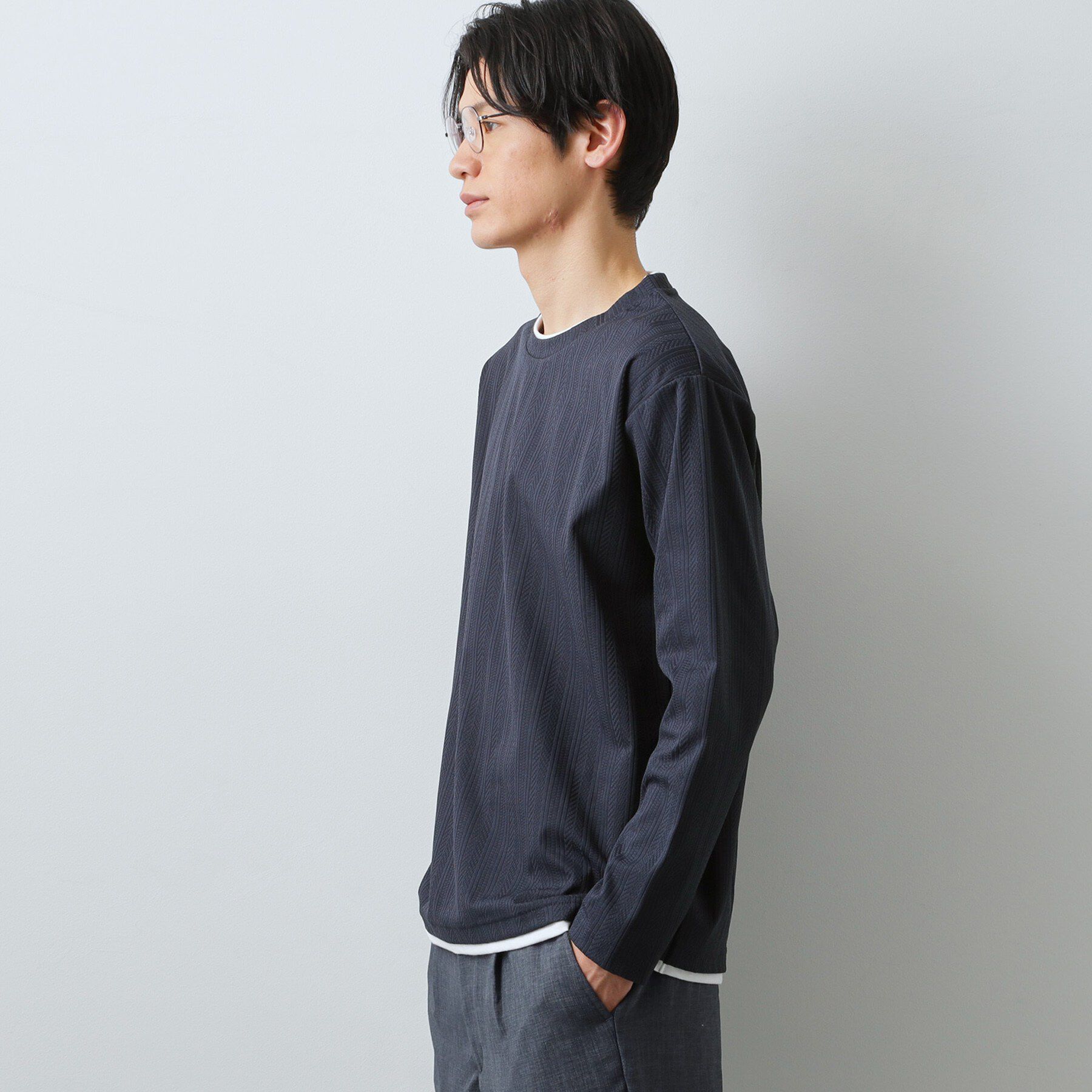 THE SHOP TK「【程よく品のある着こなし】ジャカード フェイクレイヤード長袖Tシャツ 洗濯機OK」|Tシャツ・カットソー|