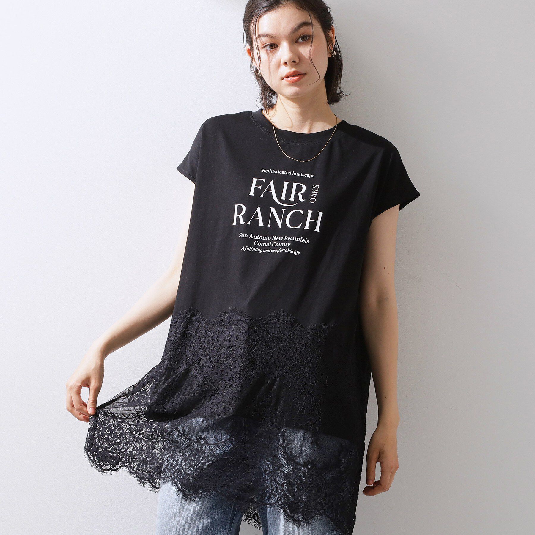 THE SHOP TK「レース切替 ロングTシャツ」|Tシャツ・カットソー|ブラック(019)