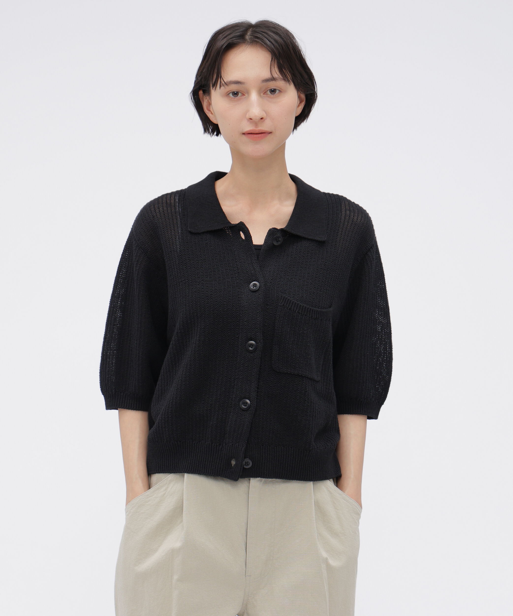 MHL.「IRREGULAR RIB COTTON LINEN KNITWEAR」|カーディガン|BLACK