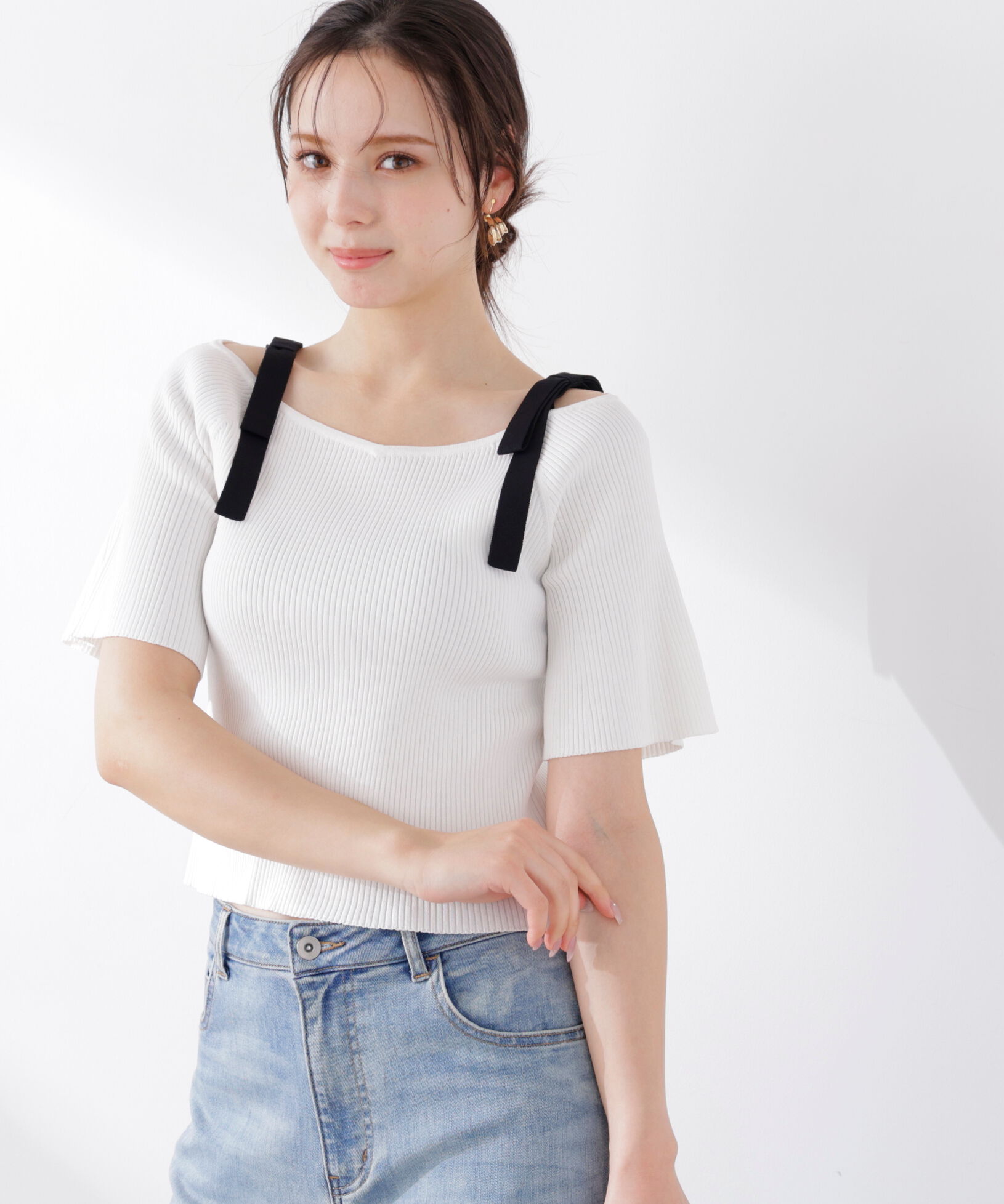 PROPORTION BODY DRESSING「＜ウォッシャブル/UV＞肩リボンオフショルニット　26SS」|ニット・セーター|