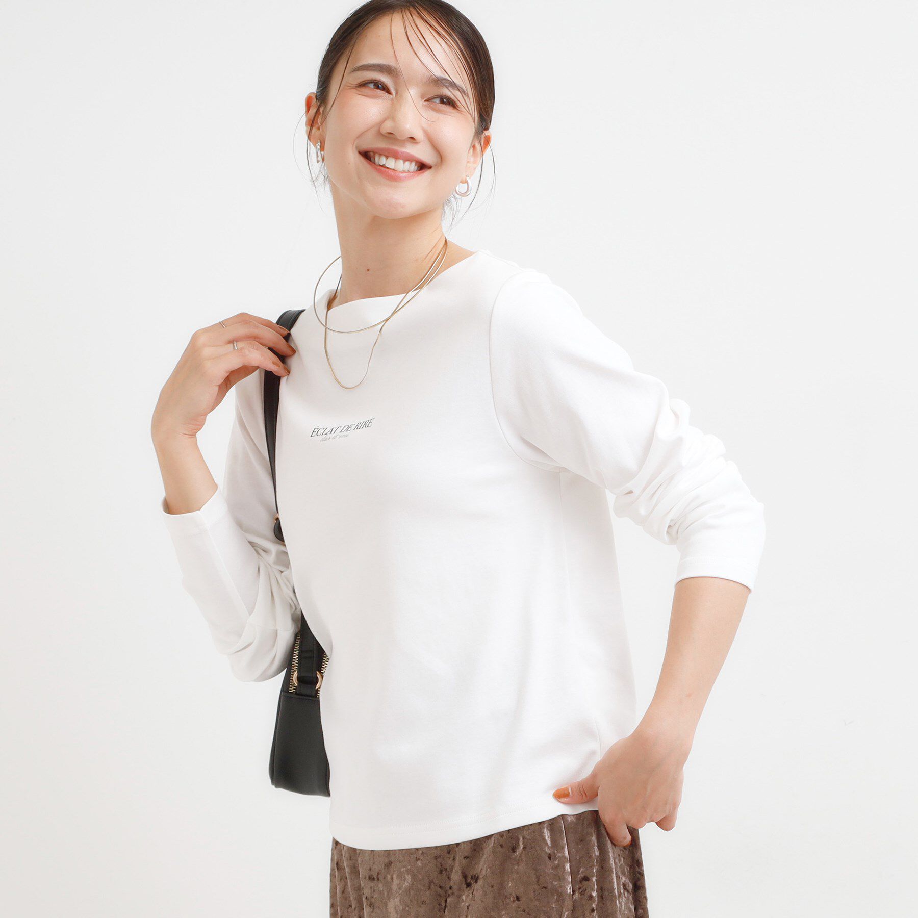 SHOO･LA･RUE「【S-LL】美しく見せる ボートネックロンT」|Tシャツ・カットソー|ホワイト(101)