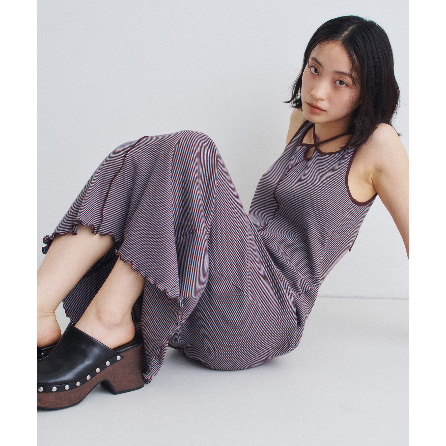 CODE A「【Cup-in】chic border jersey dress」|ワンピース|ブラウン(344)