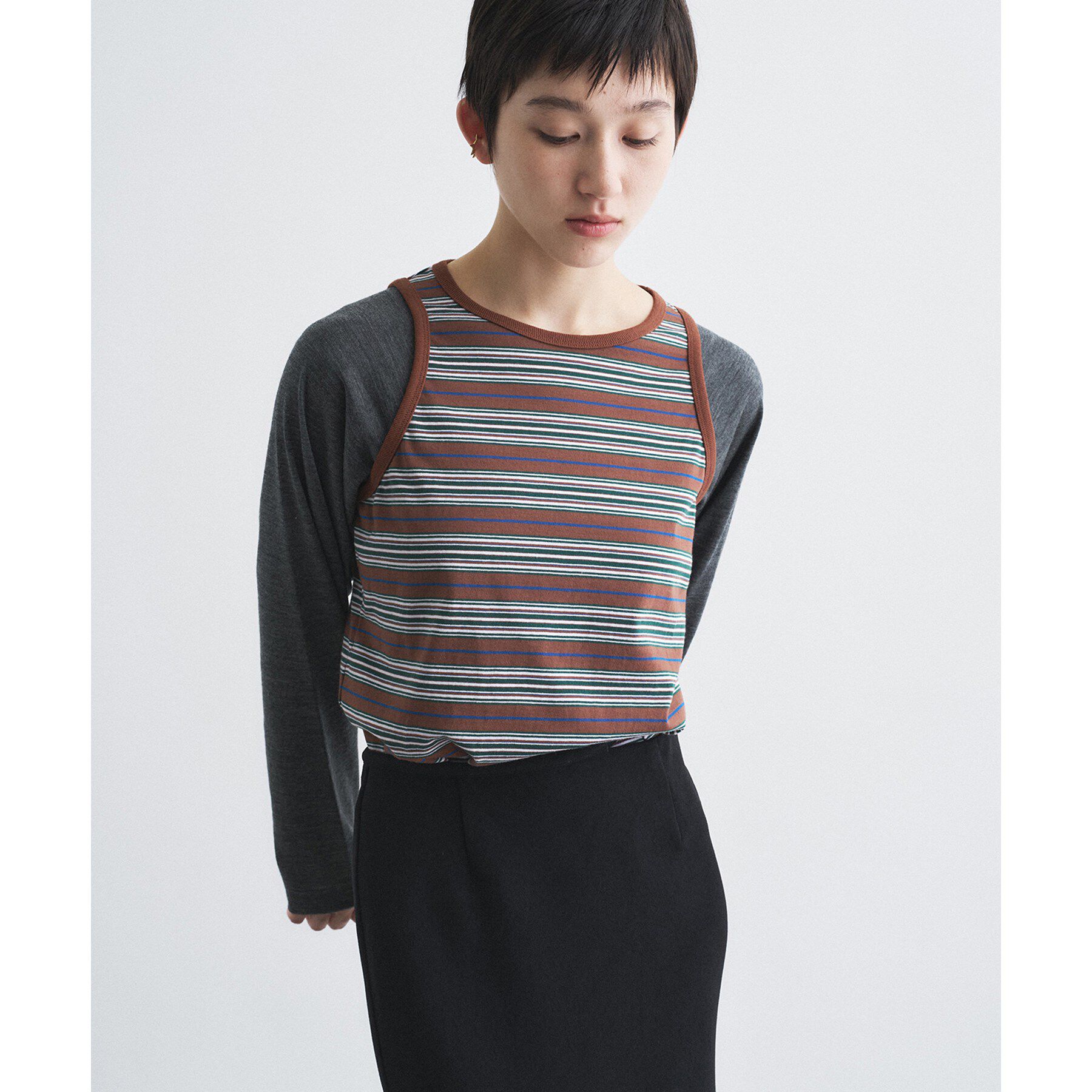CODE A「Girls department Club｜BORDER TANK LAYER LS」|Tシャツ・カットソー|ブラウン(043)