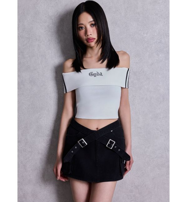 GYDA「Gyda bijouサイドラインオフショルショートTOPS」|Tシャツ・カットソー|