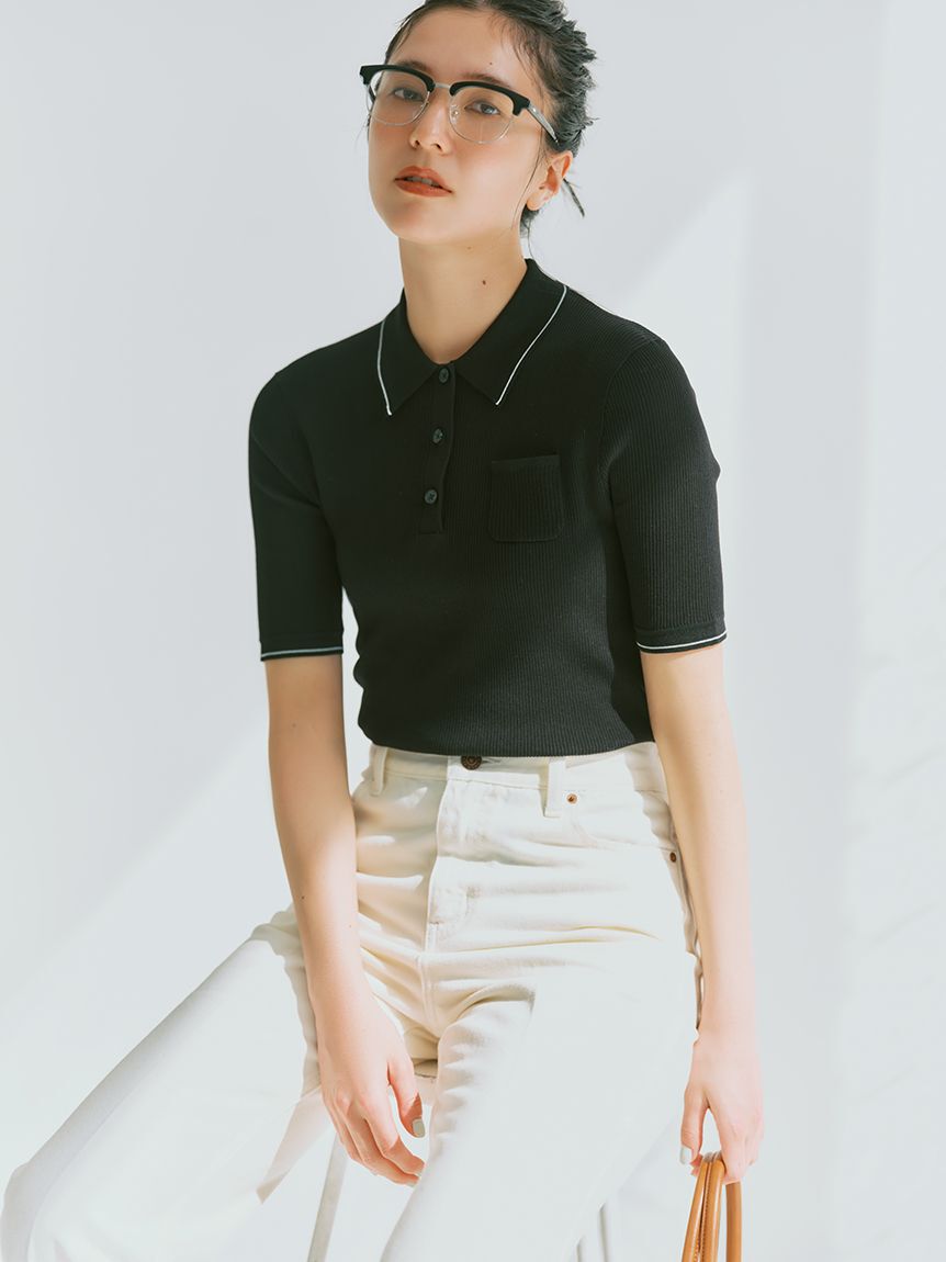 Mila Owen「【WEB限定カラー】【ウォッシャブル】シアーリブポロニット」|ポロシャツ|