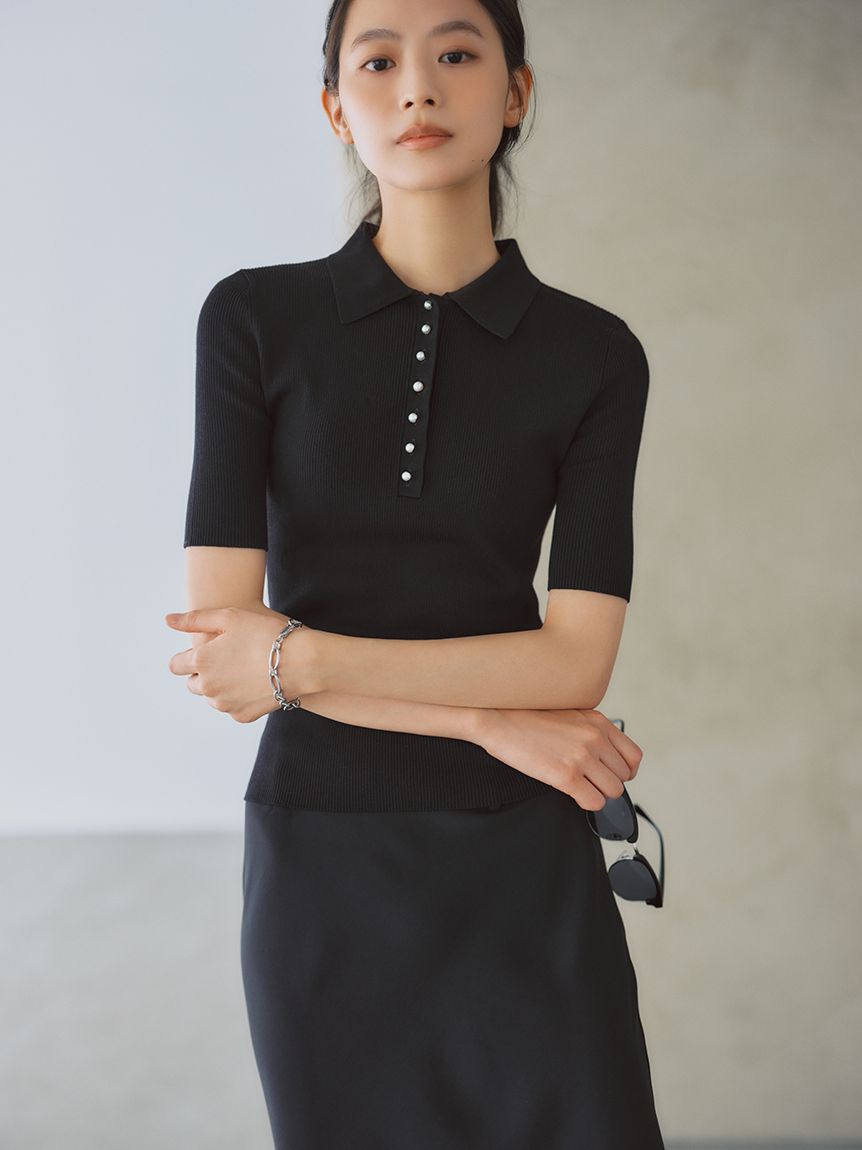 Mila Owen「シルクブレンドパール釦ポロニット」|ポロシャツ|BLK