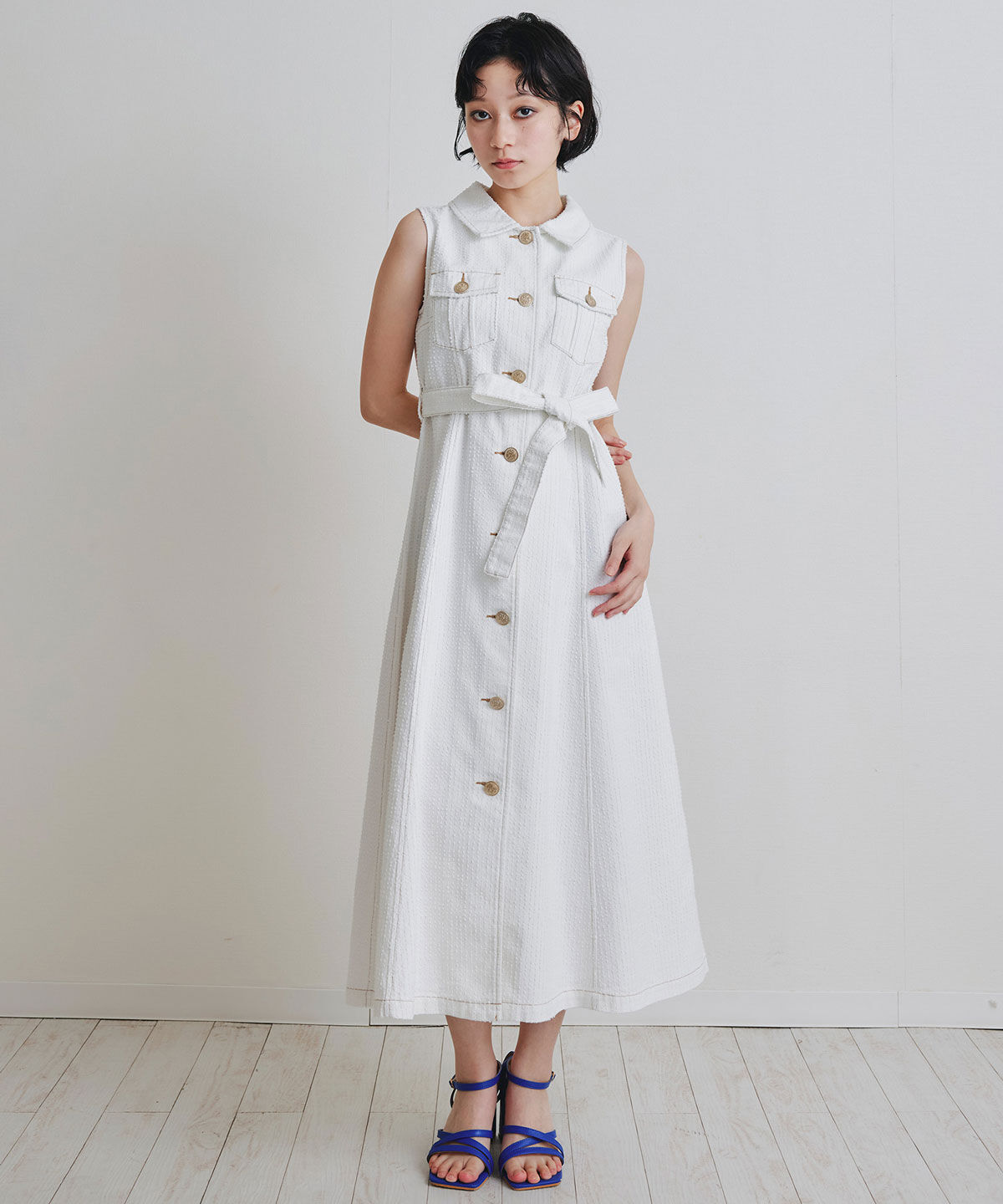 REDYAZEL「レーザーカットデニムロングシャツワンピース」|ワンピース|ホワイト