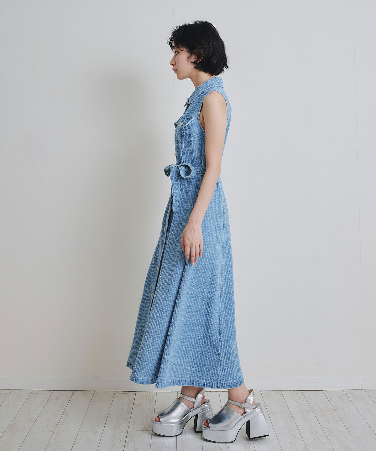 REDYAZEL「レーザーカットデニムロングシャツワンピース」|ワンピース|