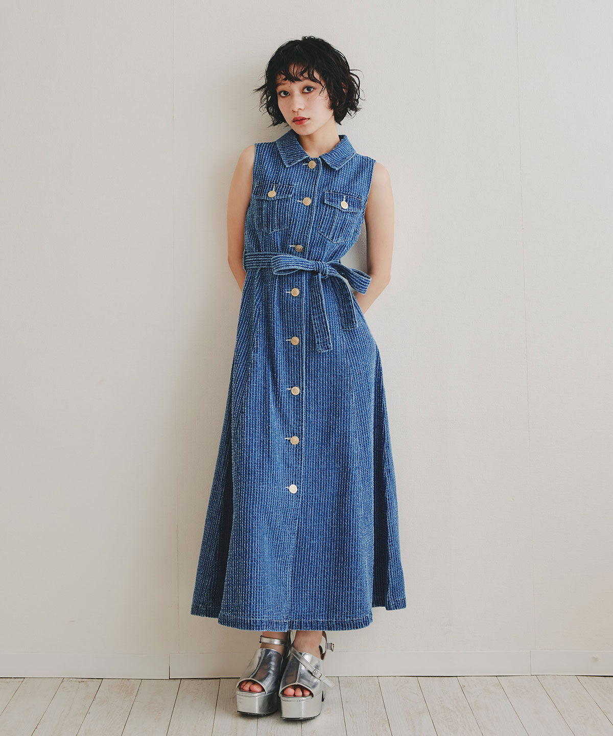 REDYAZEL「レーザーカットデニムロングシャツワンピース」|ワンピース|