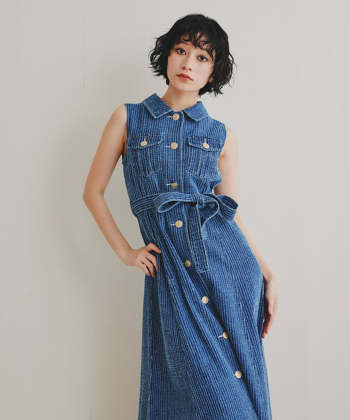 REDYAZEL「レーザーカットデニムロングシャツワンピース」|ワンピース|