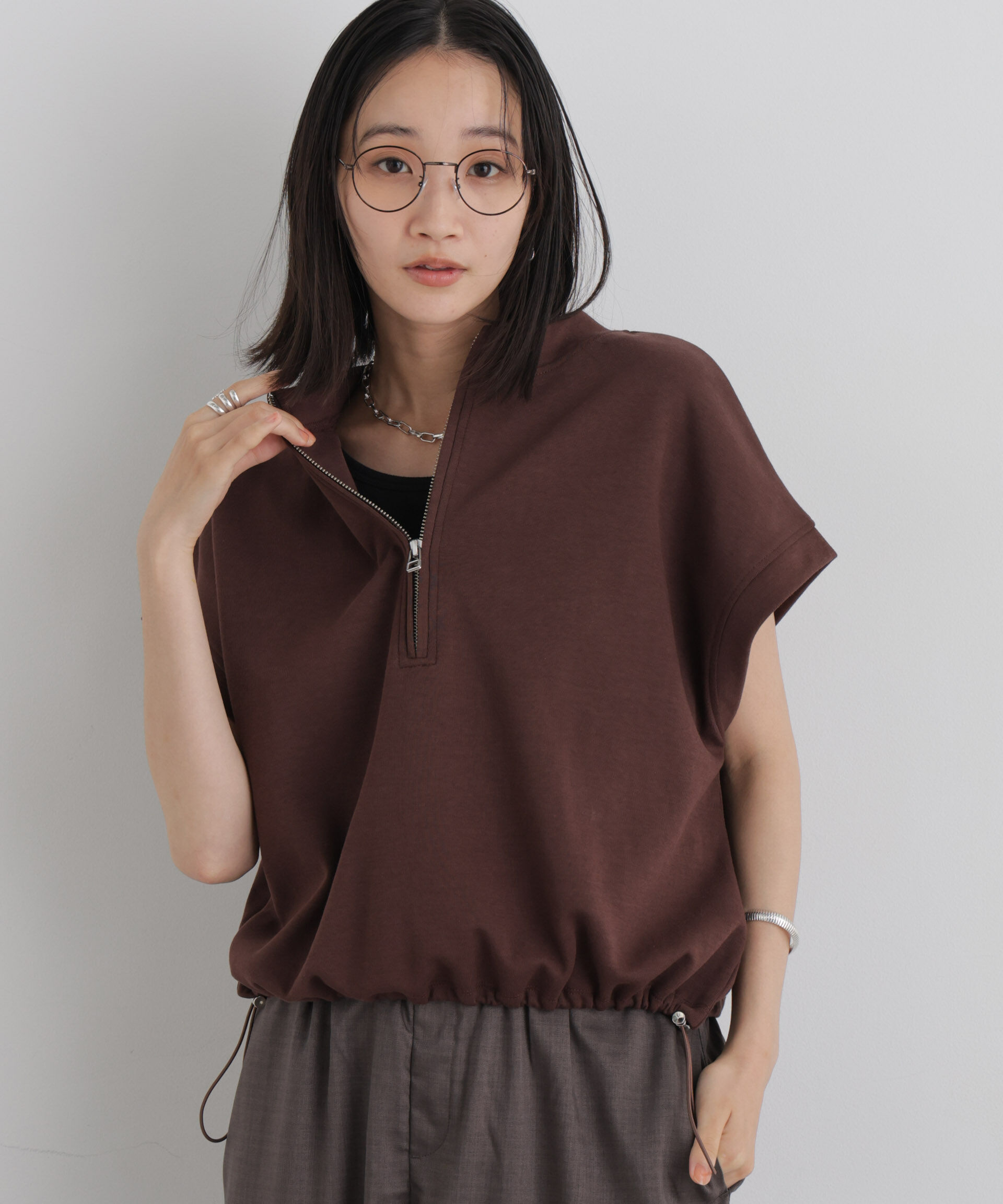 NANO universe「接触冷感ダンボールカットハーフジップトップス(セットアップ可)」|Tシャツ・カットソー|