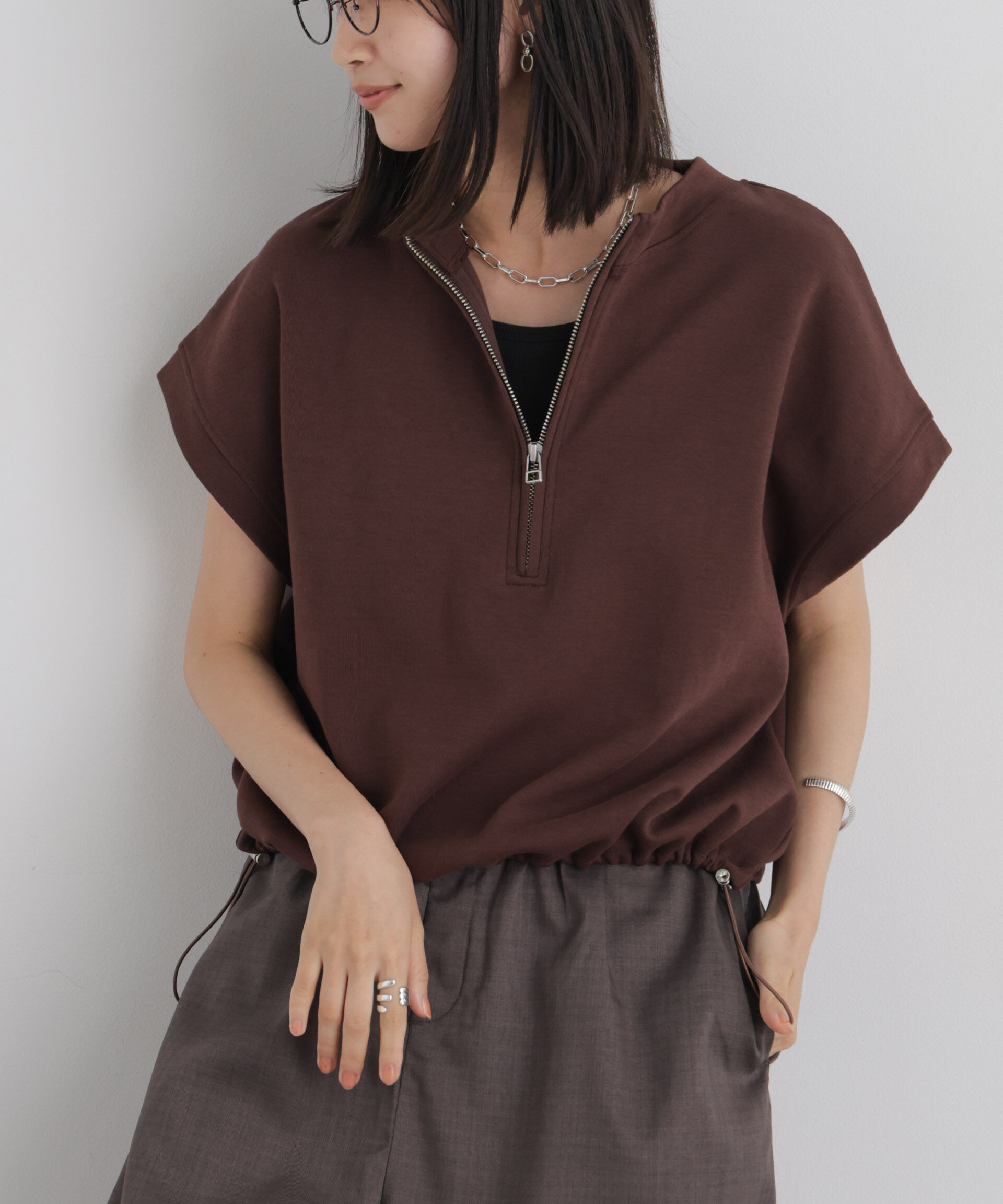 NANO universe「接触冷感ダンボールカットハーフジップトップス(セットアップ可)」|Tシャツ・カットソー|