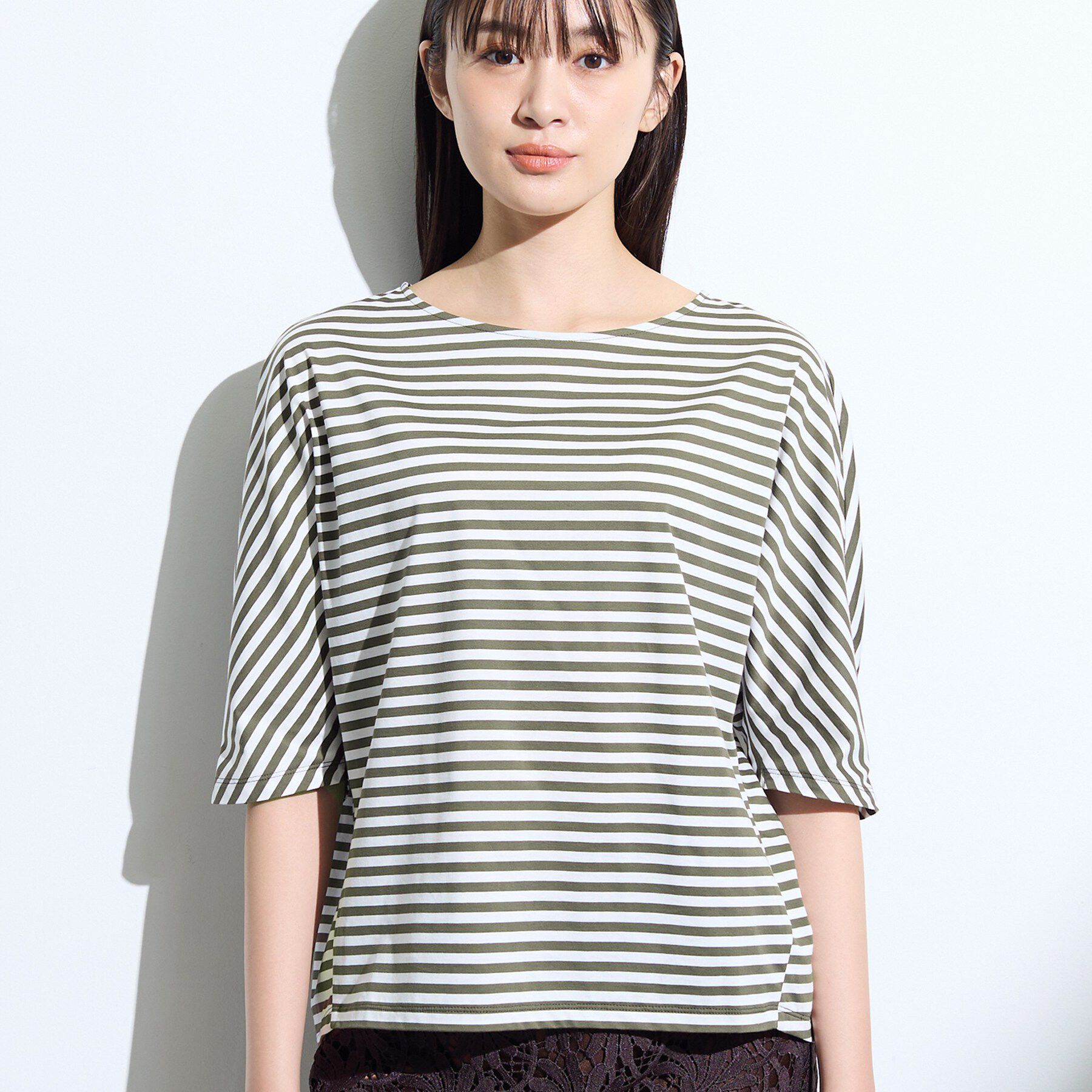INDIVI「【体型カバー】ボーダードルマントップス」|Tシャツ・カットソー|