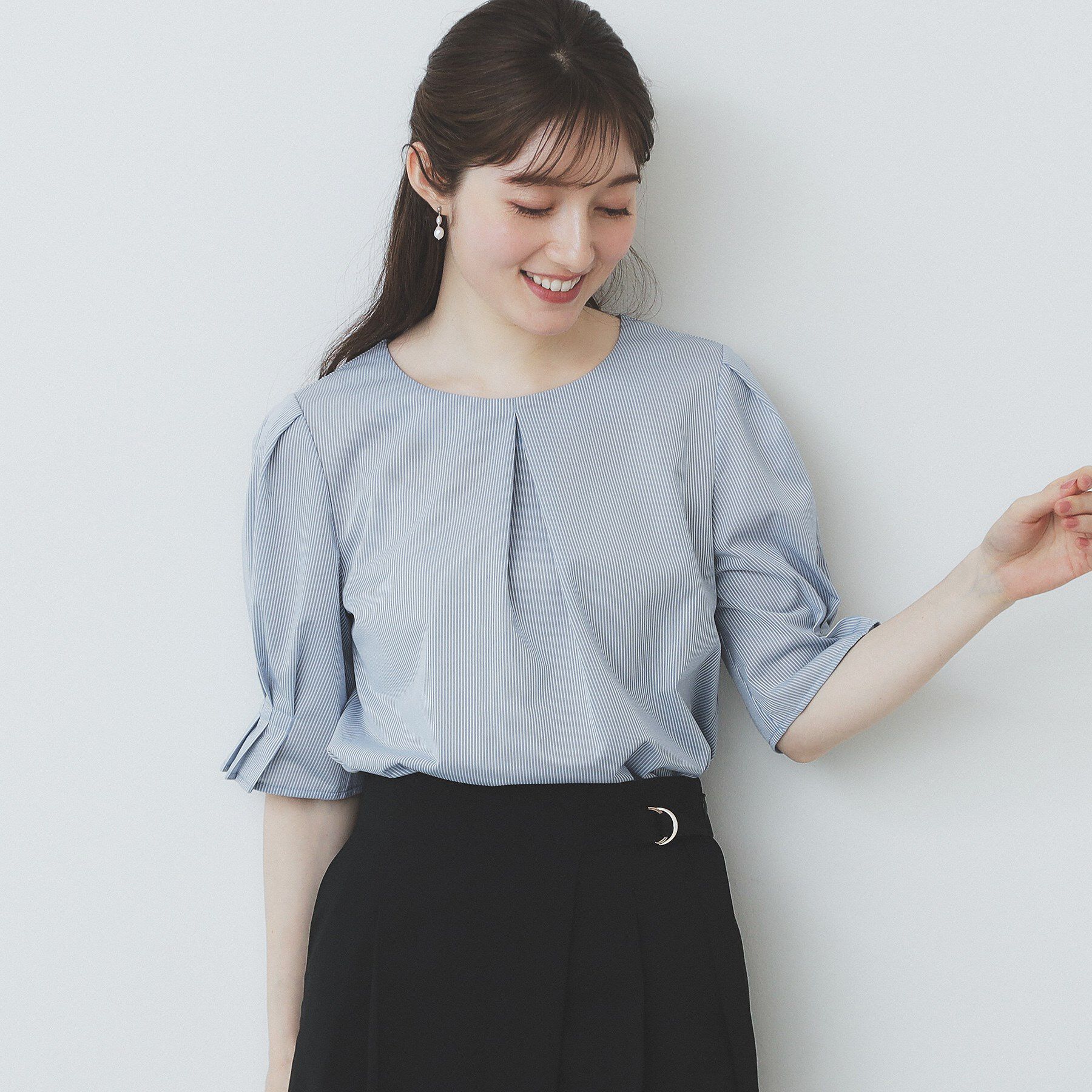 index「ストライプジャージタックスリーブトップス【吸水速乾／洗濯機洗い可】」|Tシャツ・カットソー|ブルー(391)