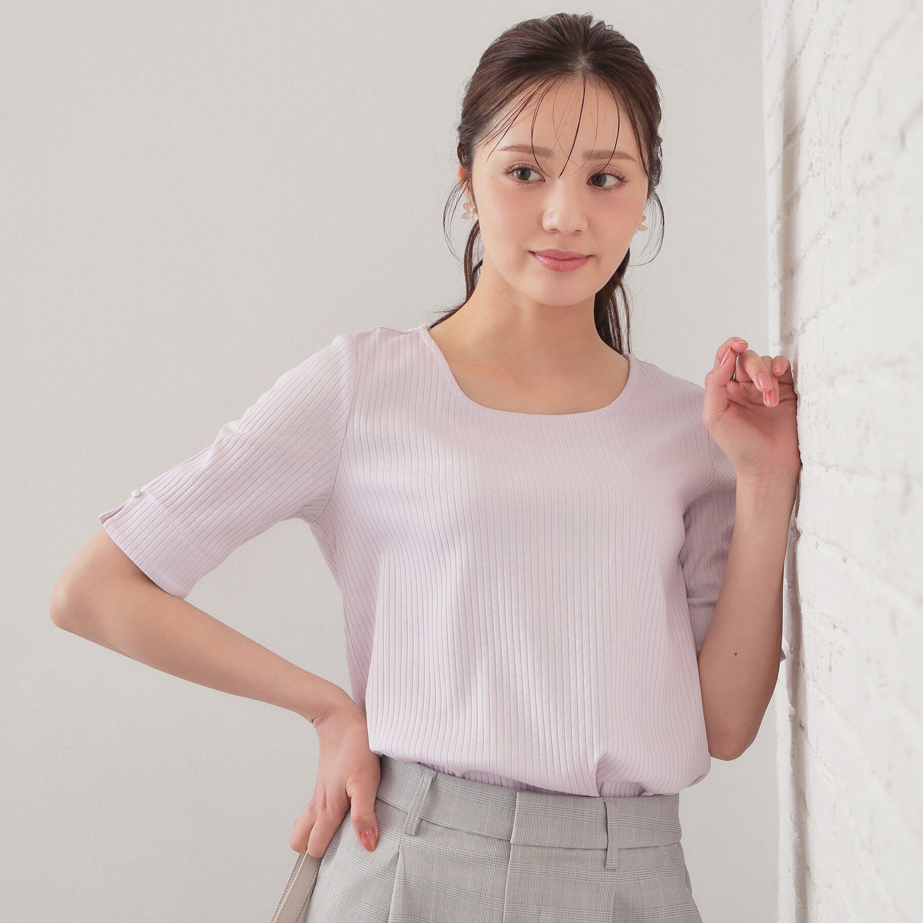 index「【接触冷感】スクエアネックワイドリブトップス《UVケア/洗濯機OK》」|Tシャツ・カットソー|ライトピンク(070