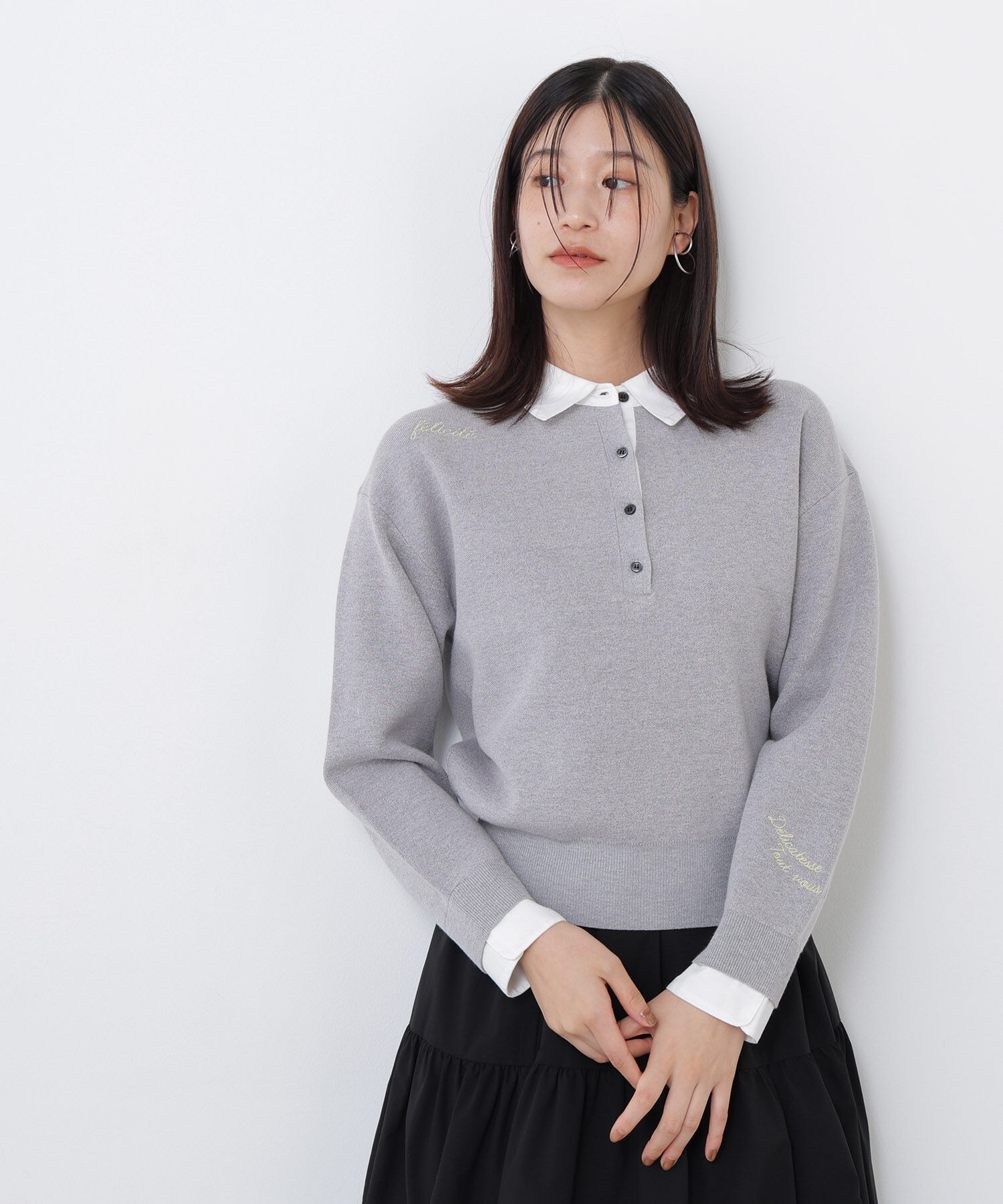  「〈N.〉シャツカラーロゴ刺繍ニット」|ニット・セーター|グレー系2