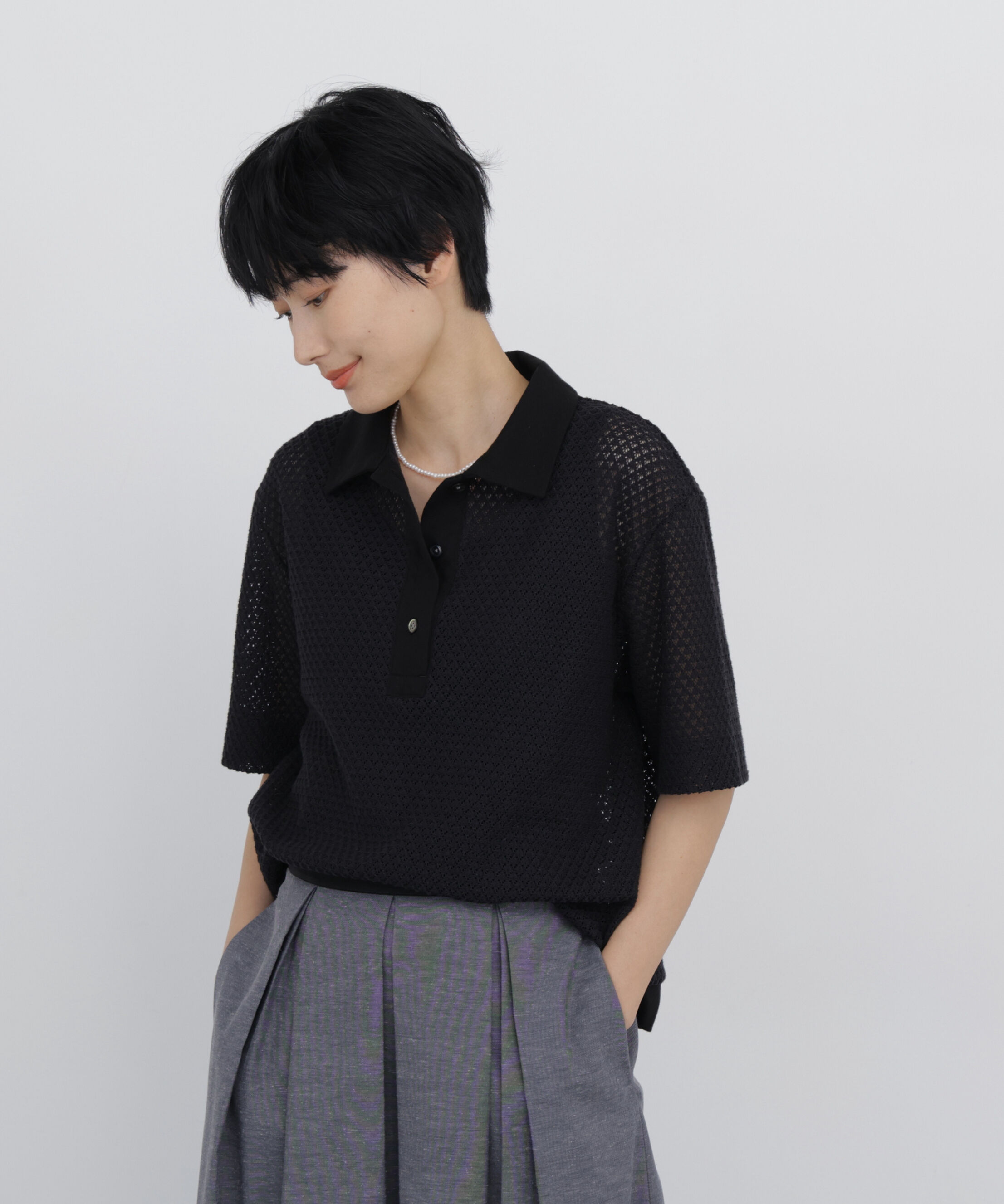  「◆≪清涼アイテム / 洗える≫ リーフ格子レース　ポロＴシャツ」|Tシャツ・カットソー|
