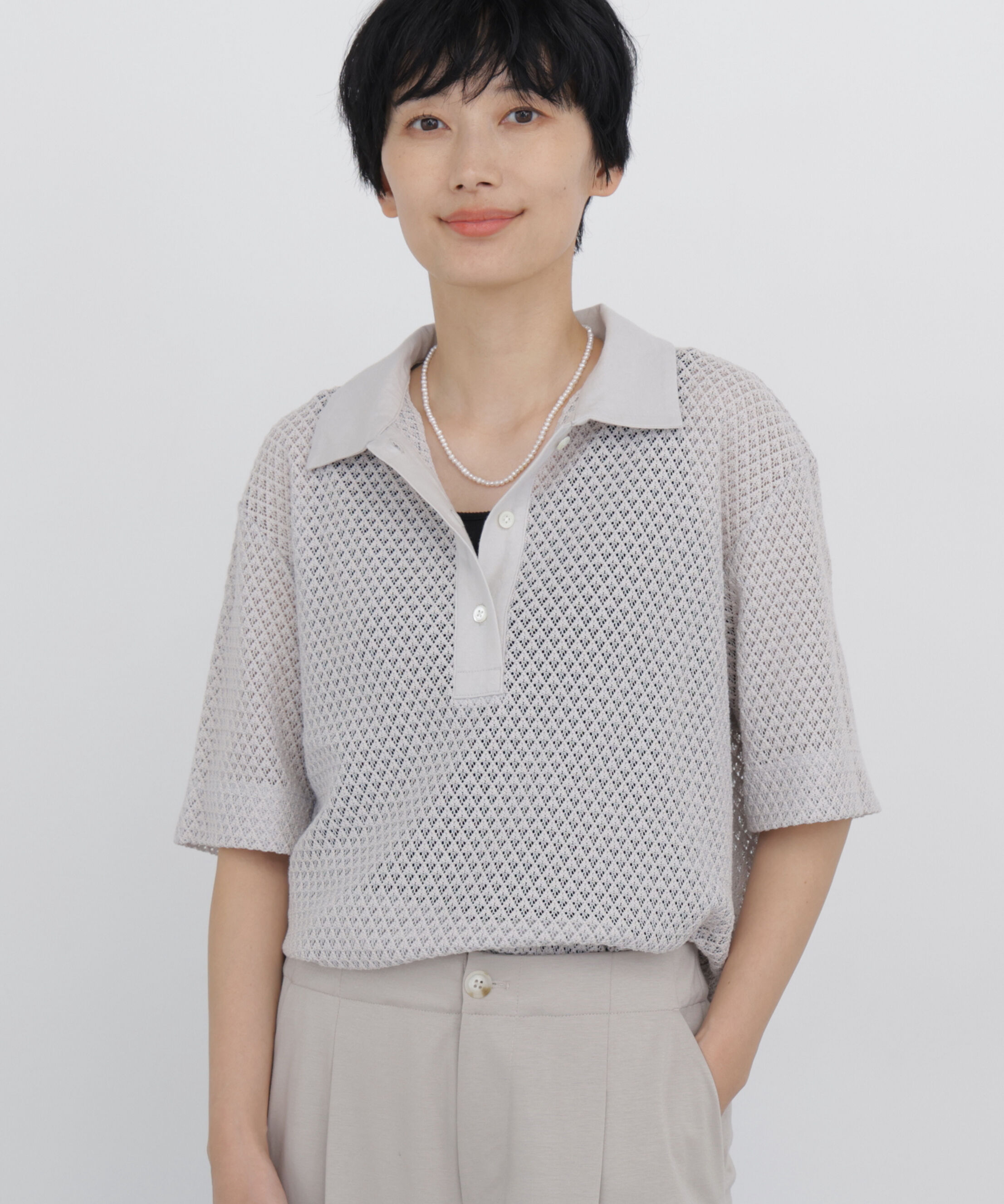  「◆≪清涼アイテム / 洗える≫ リーフ格子レース　ポロＴシャツ」|Tシャツ・カットソー|グレー