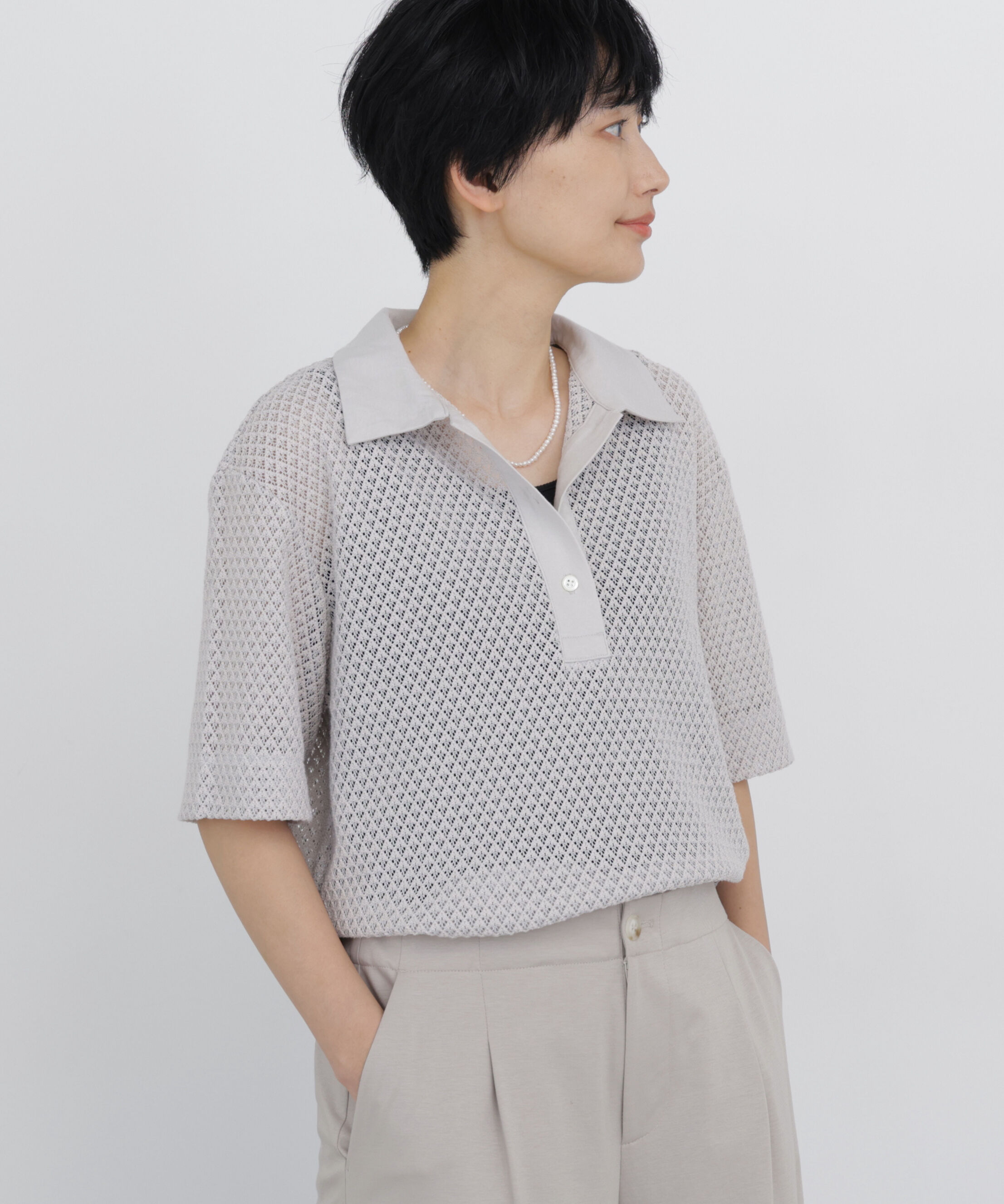  「◆≪清涼アイテム / 洗える≫ リーフ格子レース　ポロＴシャツ」|Tシャツ・カットソー|