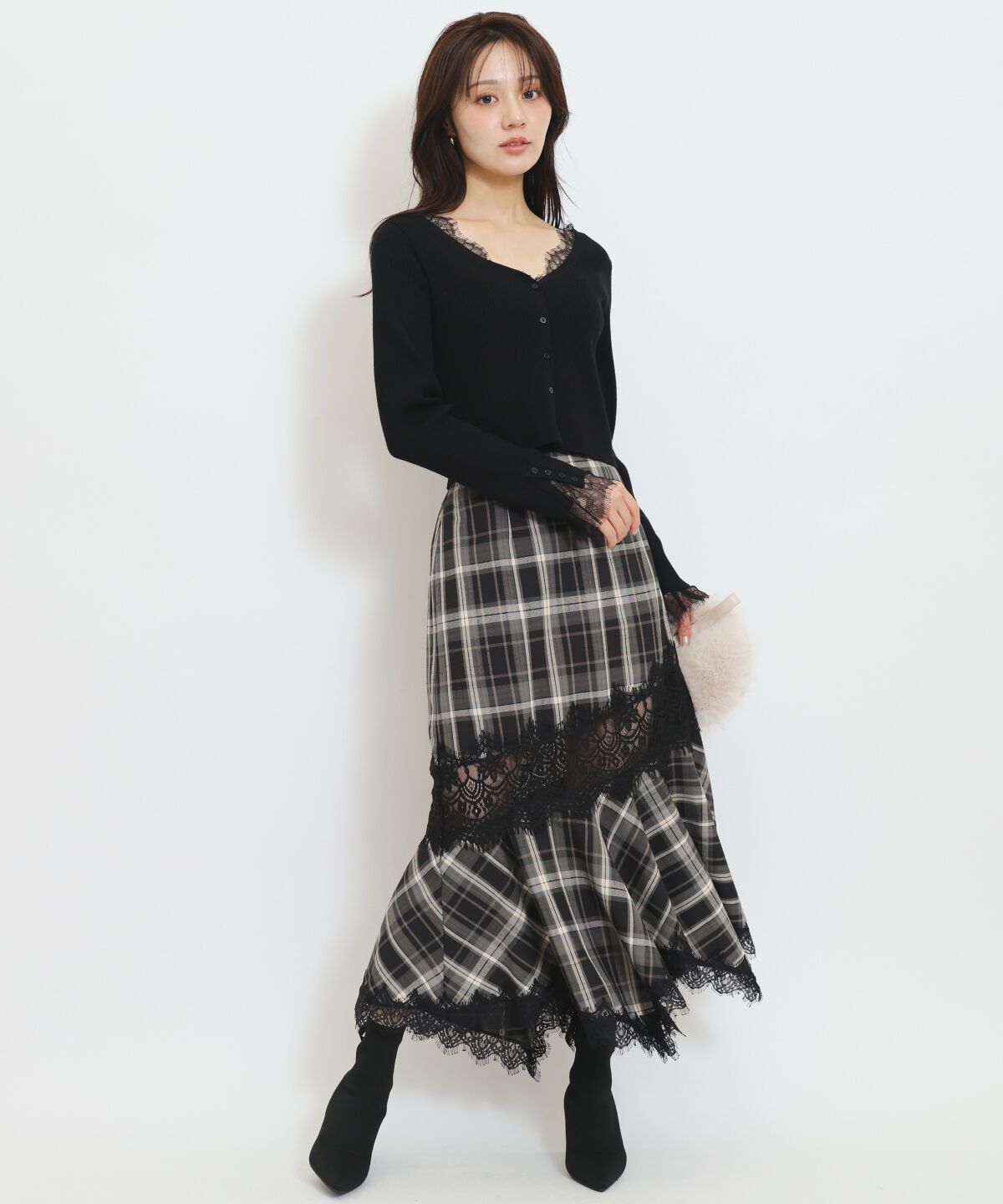 WILLSELECTION「レース切替アシメヘムマーメイドスカート」|フレア|黒系チェック