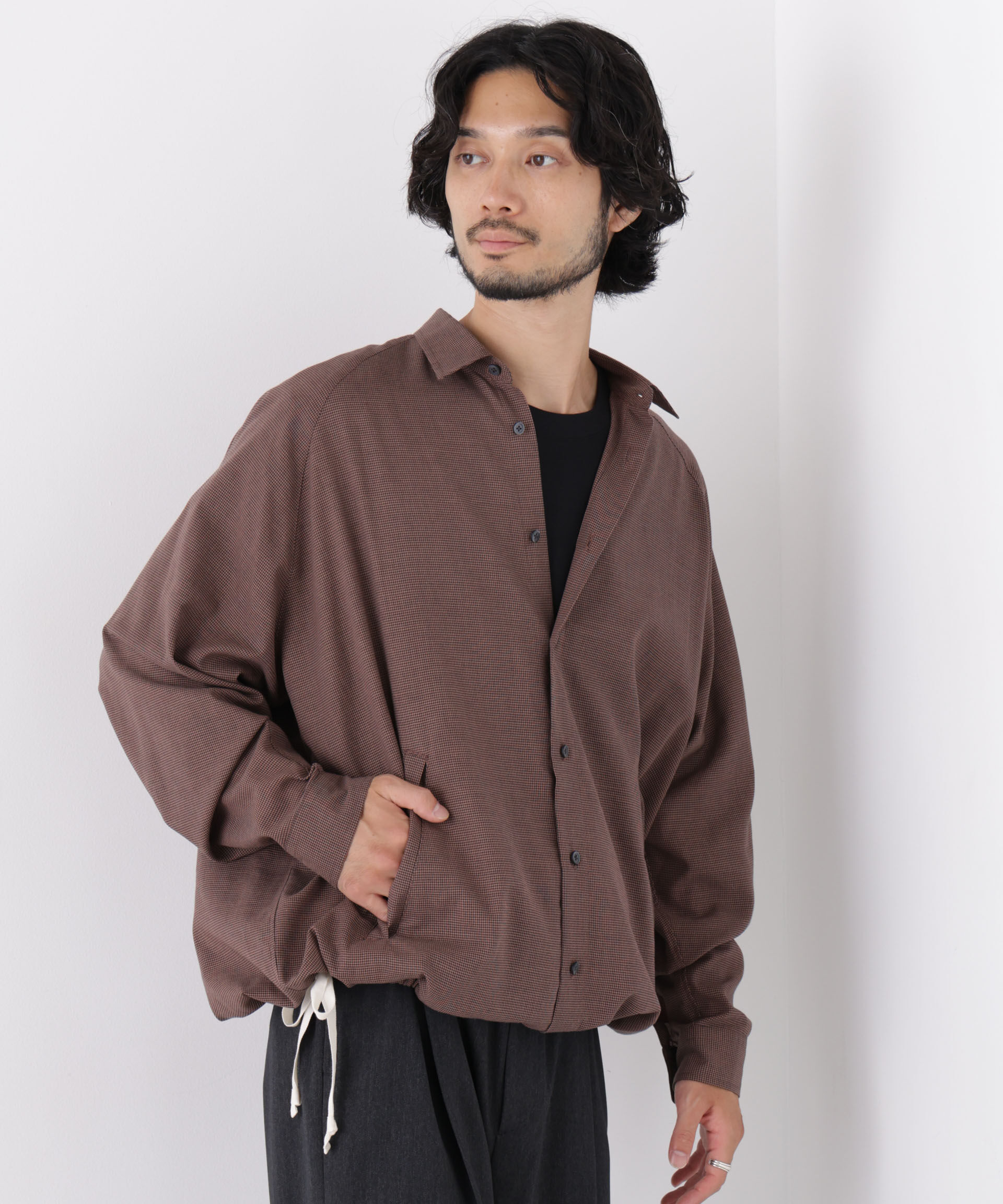  「「OtoNANO」2WAYコーチシャツ コットンウールボイル/チェック」|シャツ・ブラウス|ブラウン
