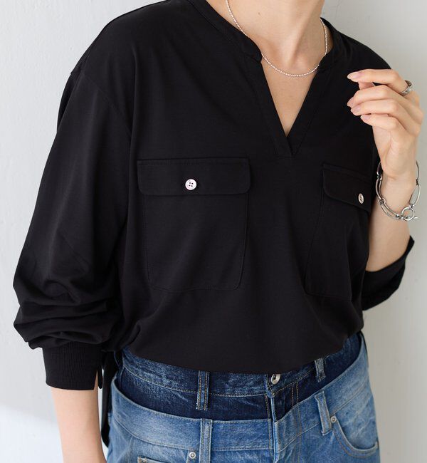  「【さらりとした着心地】スキッパーダブルポケットカットソー」|Tシャツ・カットソー|ブラック
