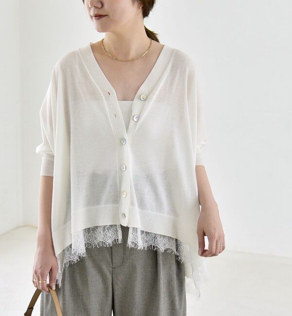 quaranciel「quaranciel:〈手洗い可能〉レース ヘム Vネック ポンチョ ニット カーディガン」|カーディガン|